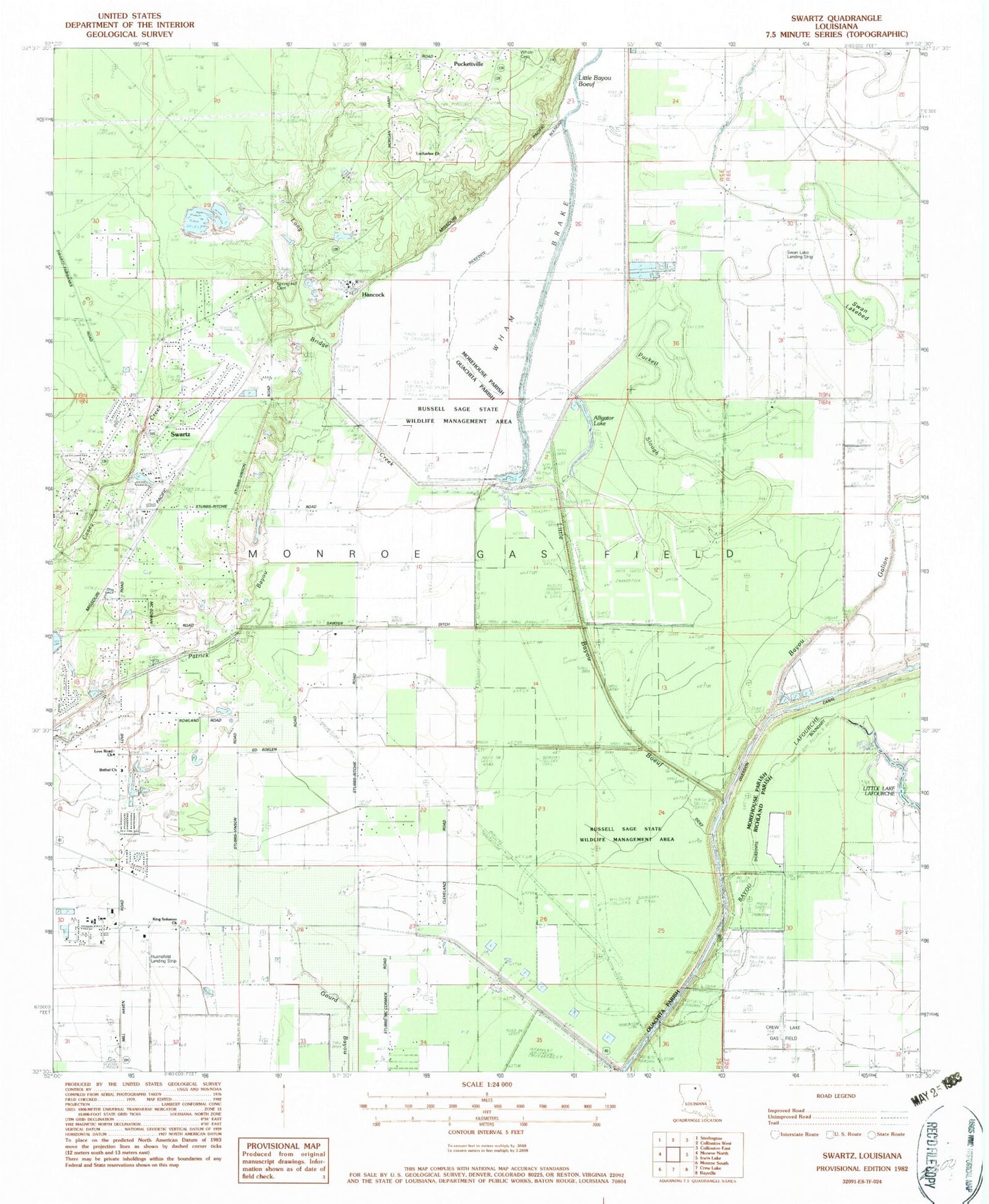Classic USGS Swartz Louisiana 7.5'x7.5' Topo Map Image