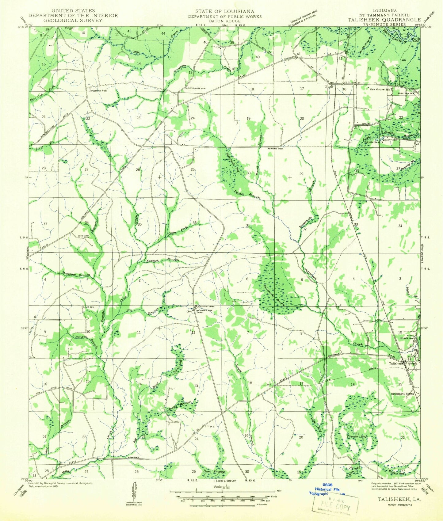 Classic USGS Bush Louisiana 7.5'x7.5' Topo Map Image