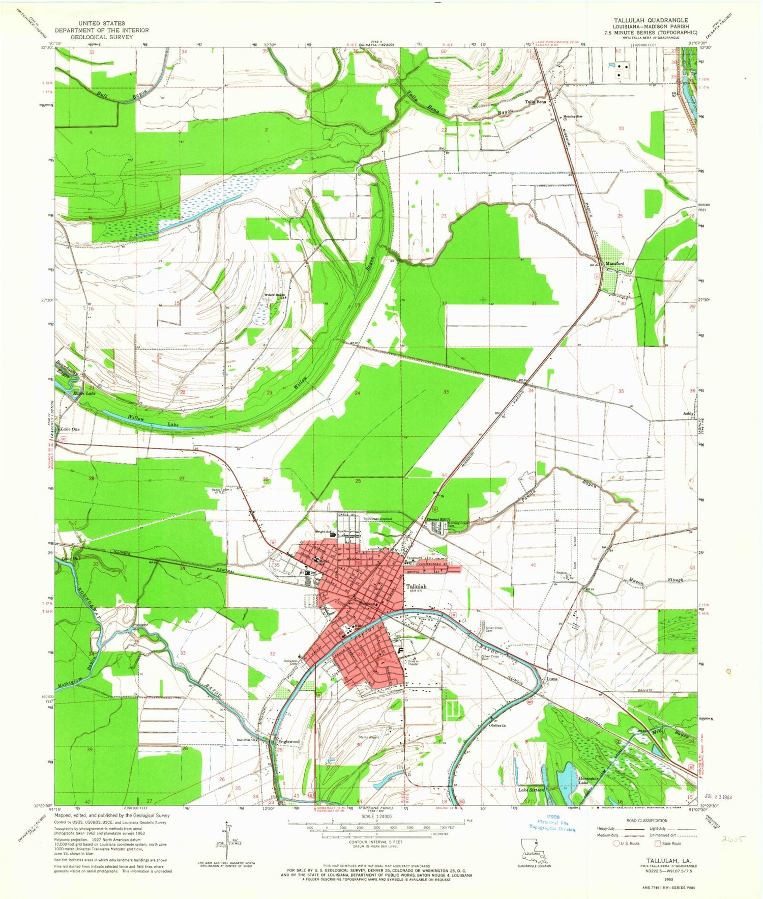 Classic USGS Tallulah Louisiana 7.5'x7.5' Topo Map Image