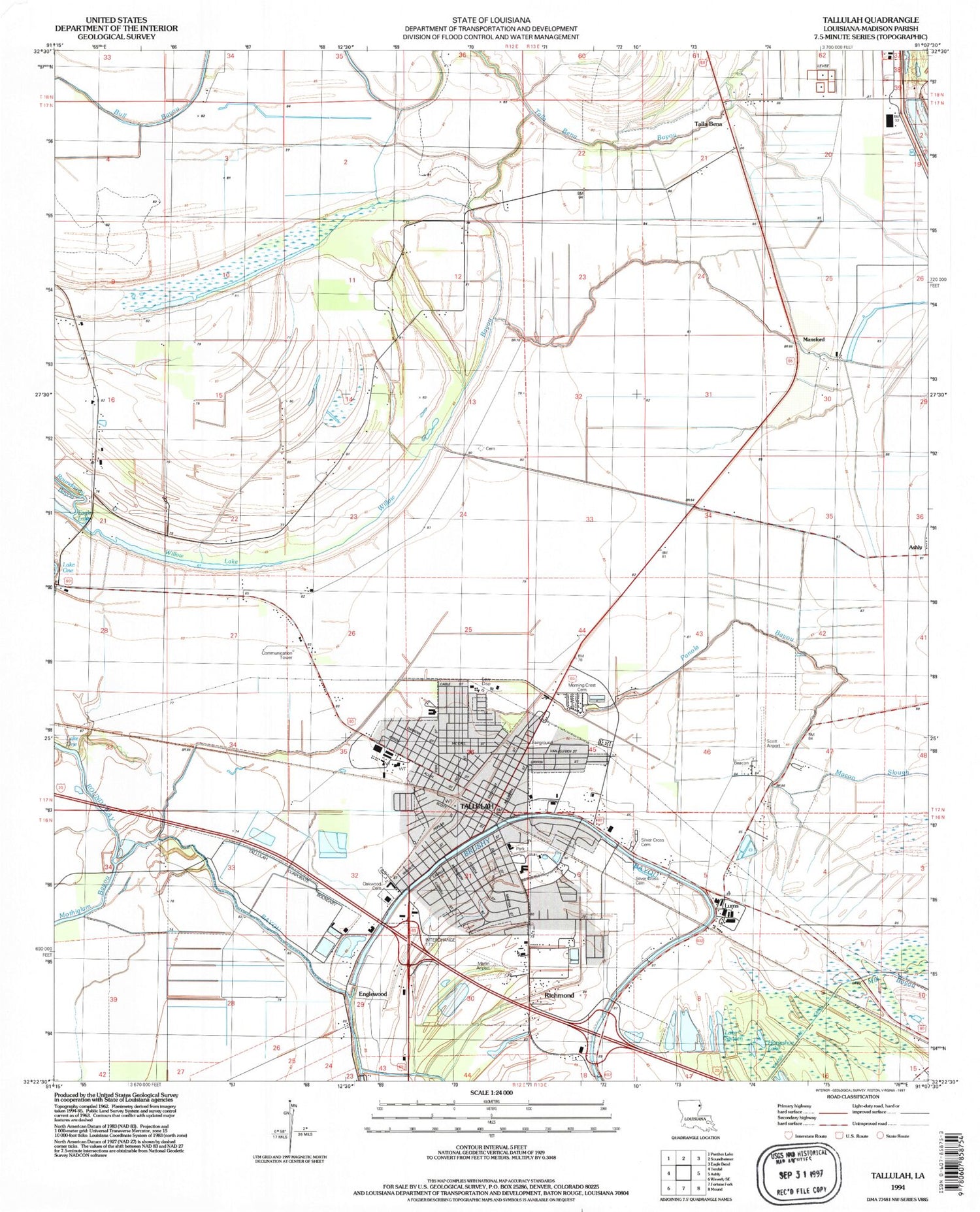 Classic USGS Tallulah Louisiana 7.5'x7.5' Topo Map Image