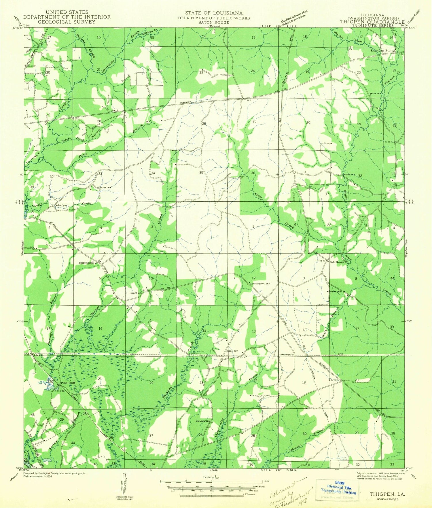 Classic USGS Sheridan Louisiana 7.5'x7.5' Topo Map Image