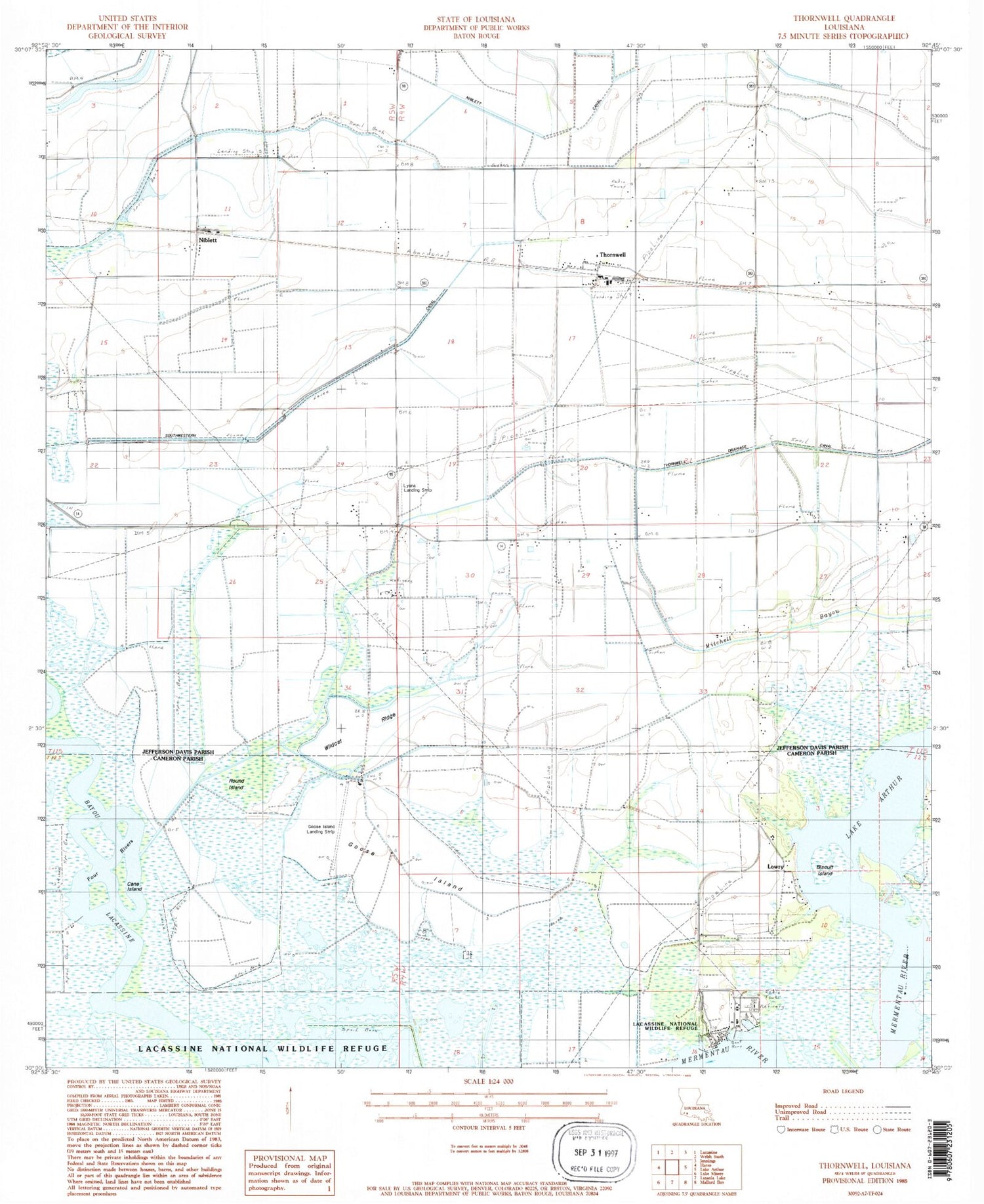 Classic USGS Thornwell Louisiana 7.5'x7.5' Topo Map Image