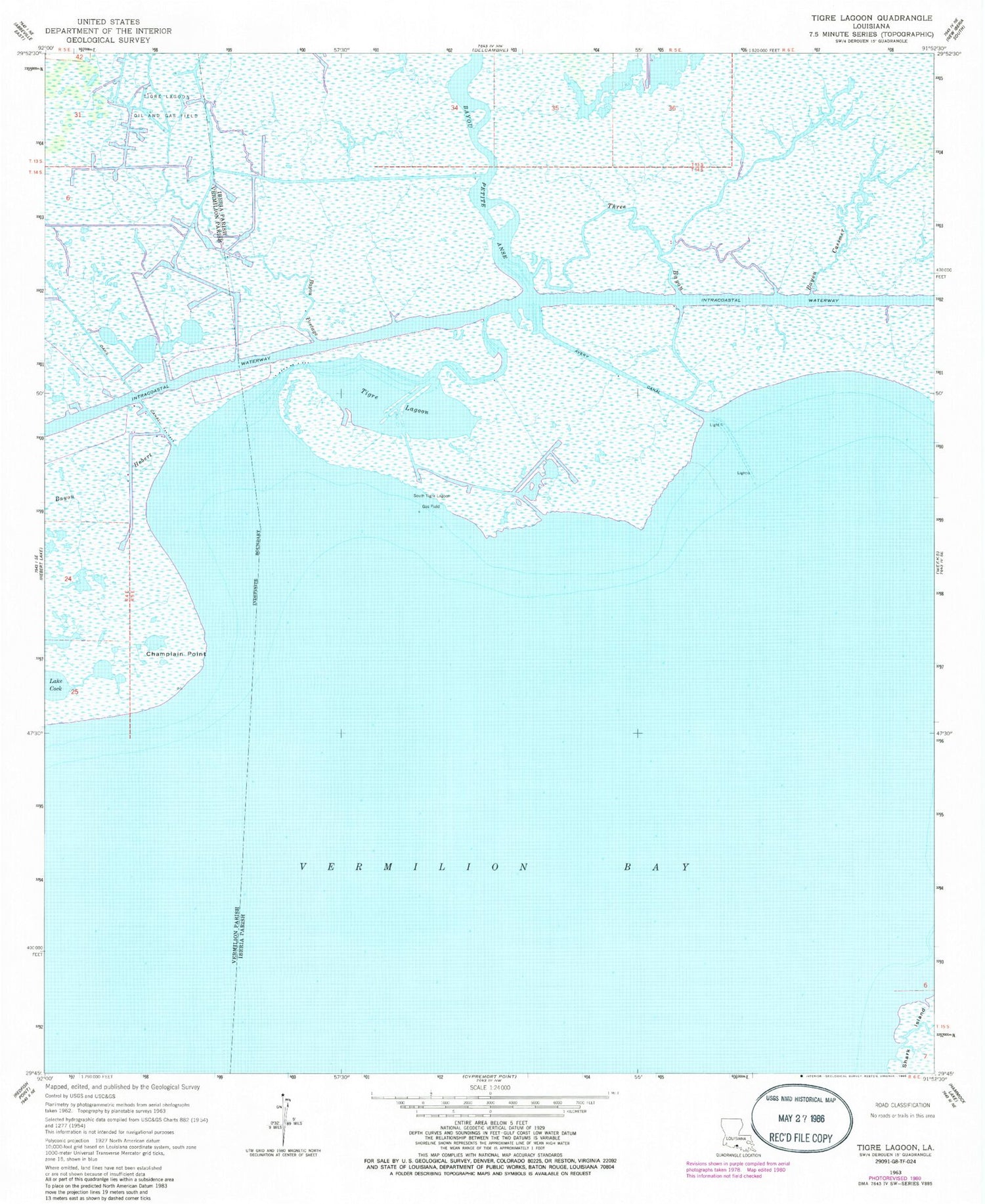 Classic USGS Tigre Lagoon Louisiana 7.5'x7.5' Topo Map Image