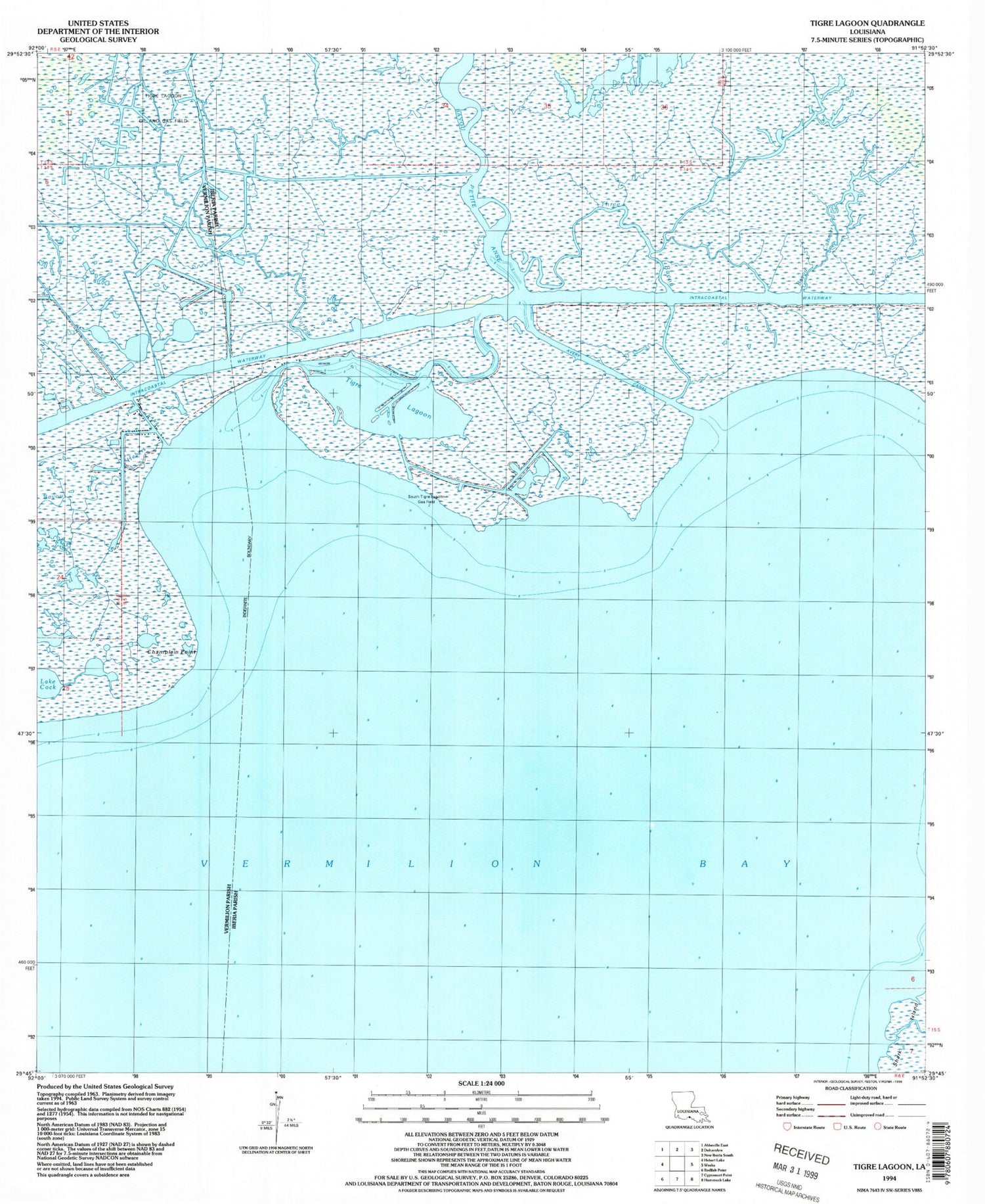 Classic USGS Tigre Lagoon Louisiana 7.5'x7.5' Topo Map Image