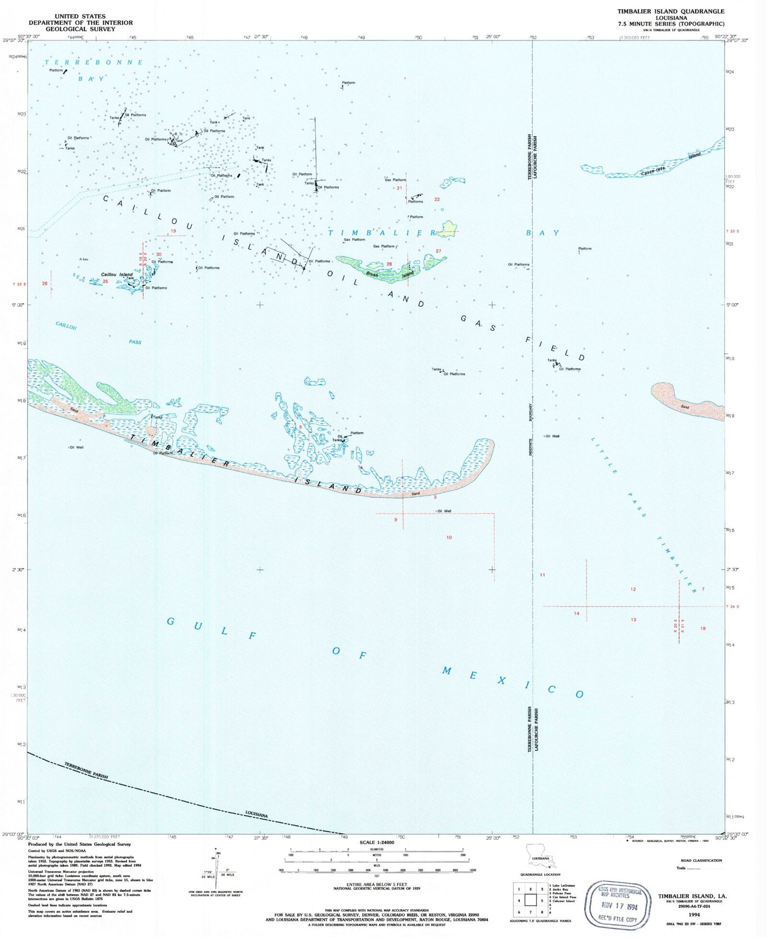 Classic USGS Timbalier Island Louisiana 7.5'x7.5' Topo Map Image