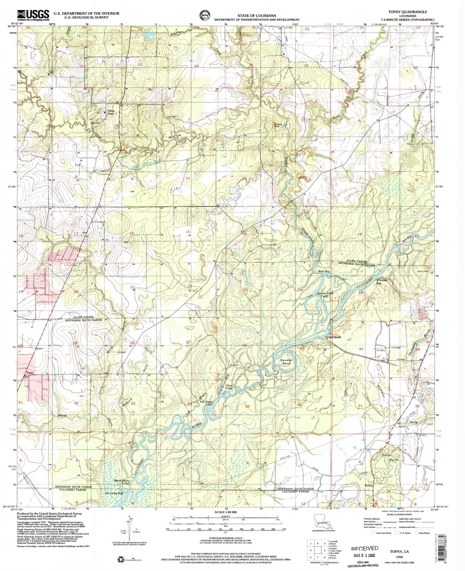 Classic USGS Topsy Louisiana 7.5'x7.5' Topo Map Image