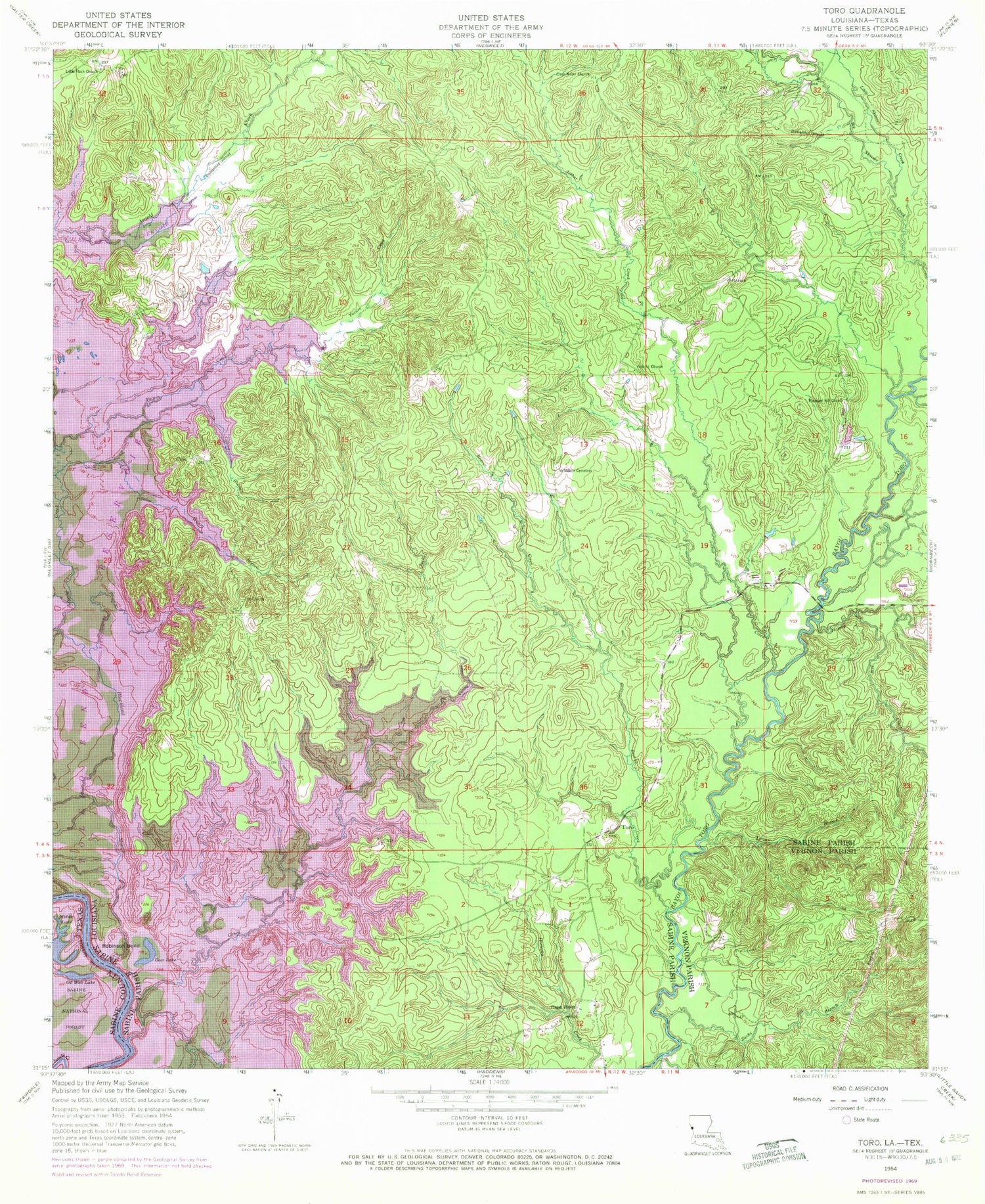 Classic USGS Toro Louisiana 7.5'x7.5' Topo Map Image