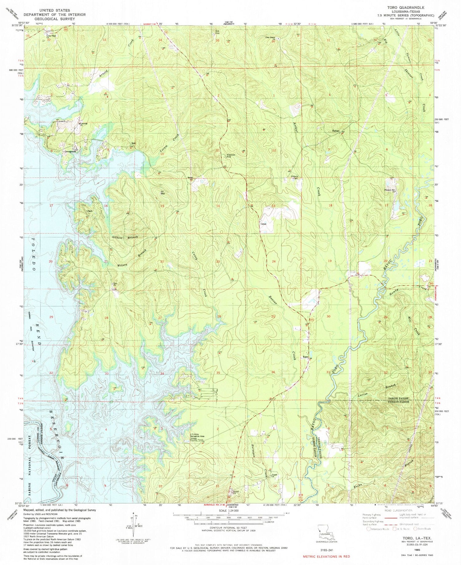 Classic USGS Toro Louisiana 7.5'x7.5' Topo Map Image