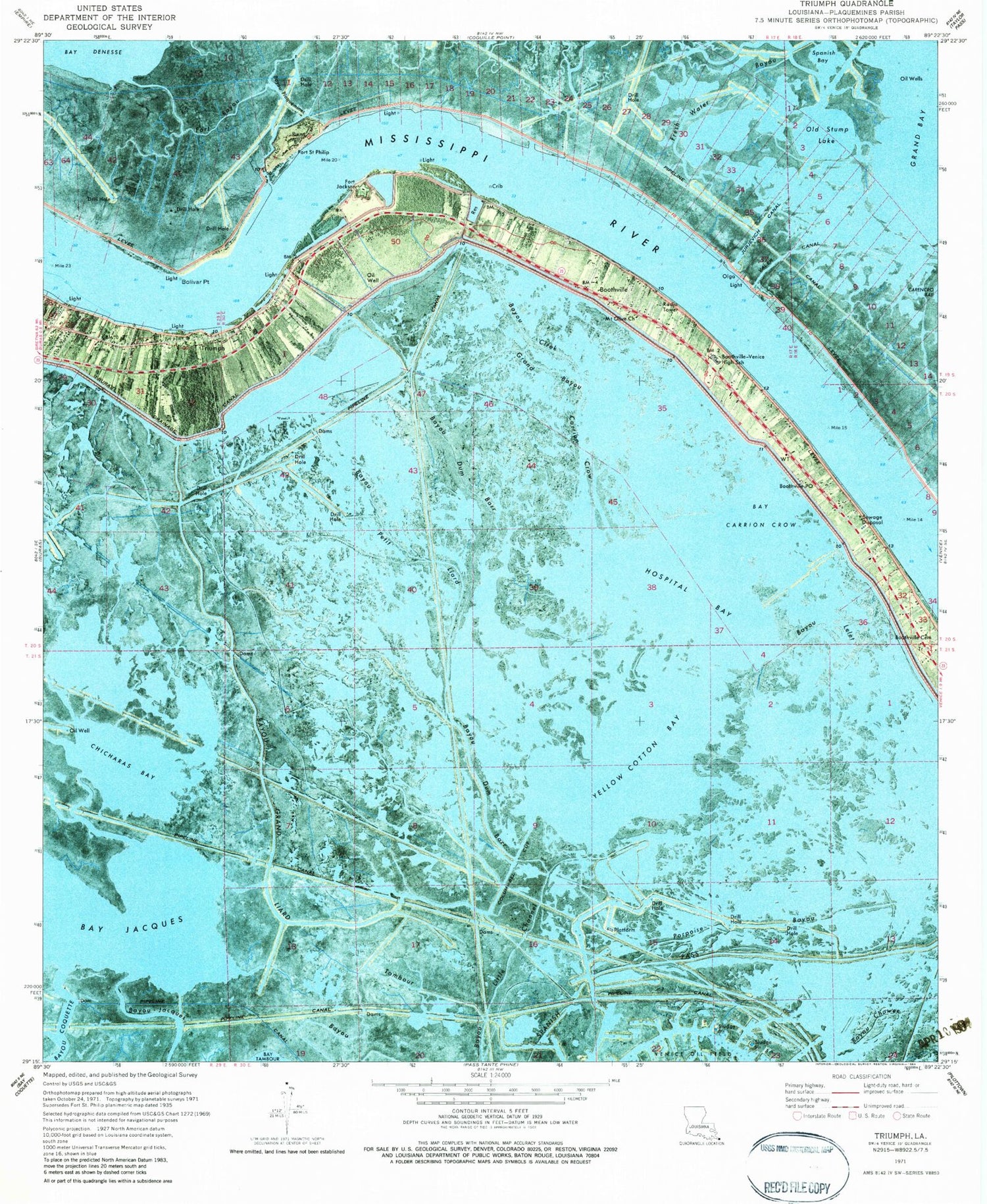 Classic USGS Triumph Louisiana 7.5'x7.5' Topo Map Image