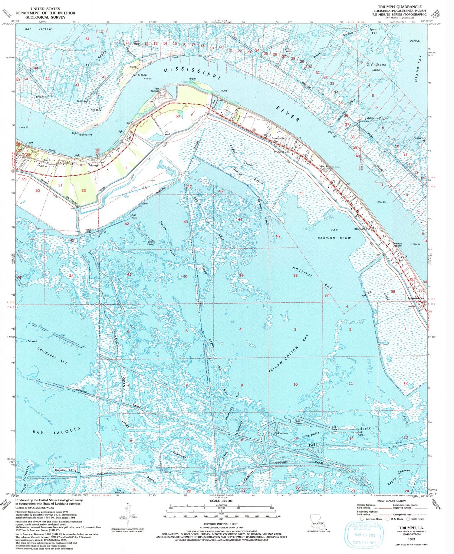 Classic USGS Triumph Louisiana 7.5'x7.5' Topo Map Image