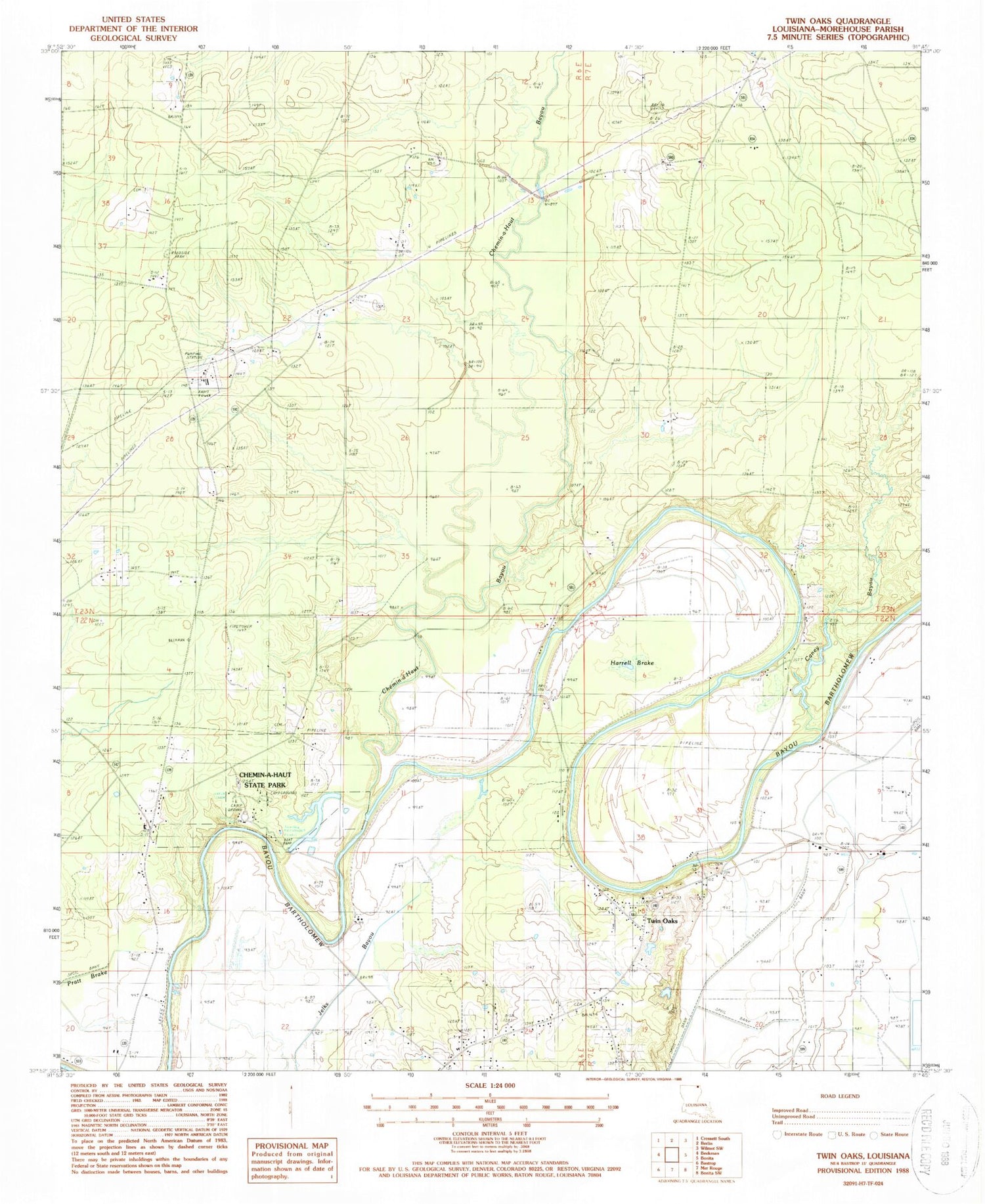 Classic USGS Twin Oaks Louisiana 7.5'x7.5' Topo Map Image
