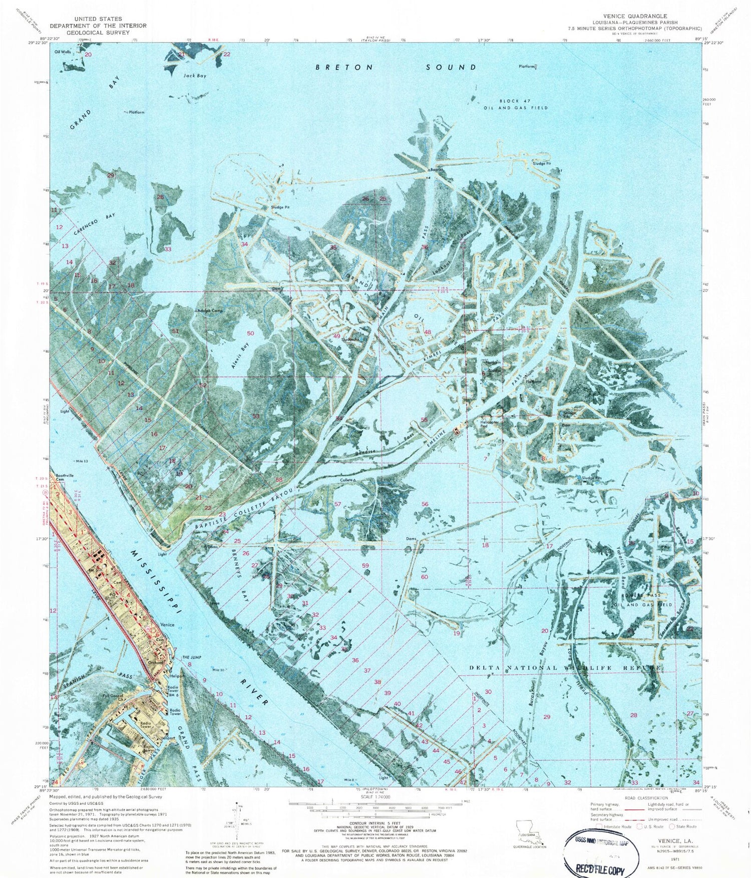 Classic USGS Venice Louisiana 7.5'x7.5' Topo Map Image