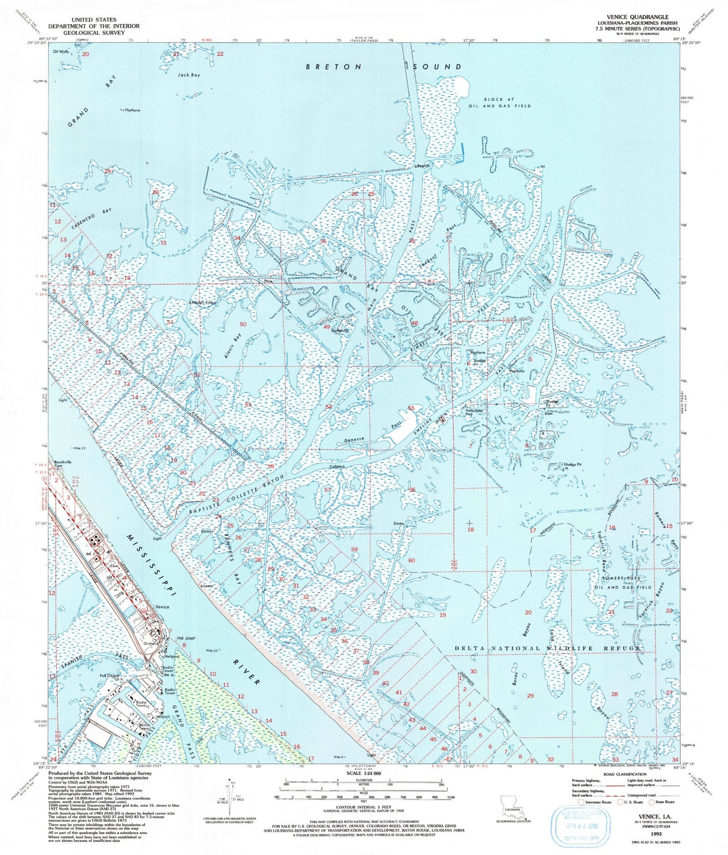 Classic USGS Venice Louisiana 7.5'x7.5' Topo Map Image