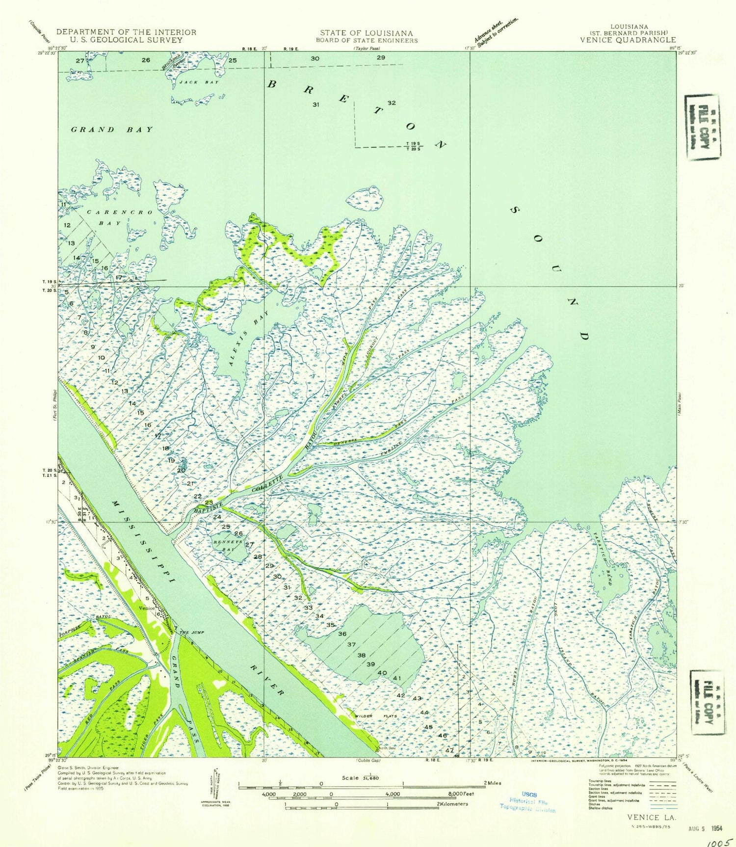 Classic USGS Venice Louisiana 7.5'x7.5' Topo Map Image