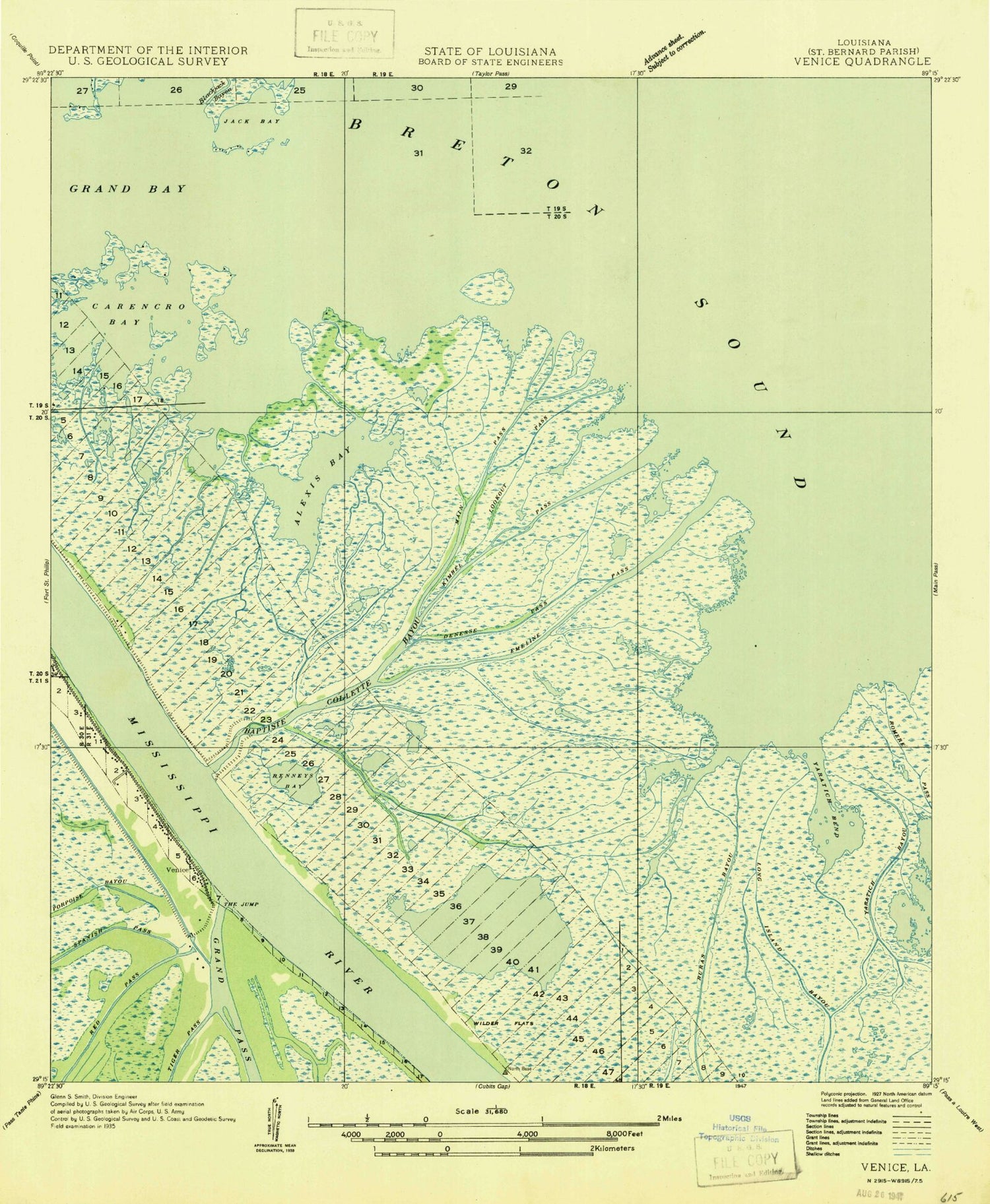 Classic USGS Venice Louisiana 7.5'x7.5' Topo Map Image