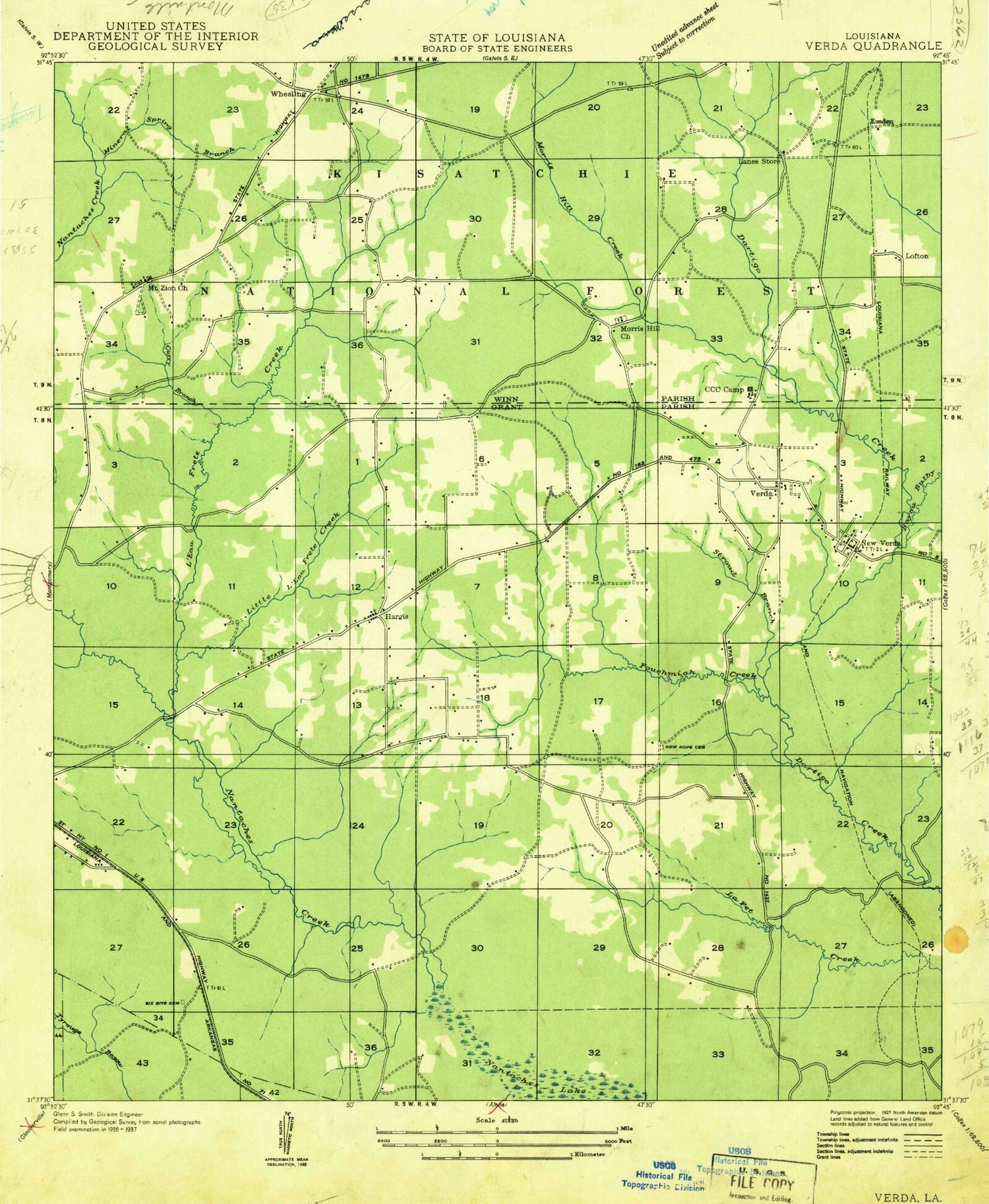 Classic USGS Verda Louisiana 7.5'x7.5' Topo Map Image