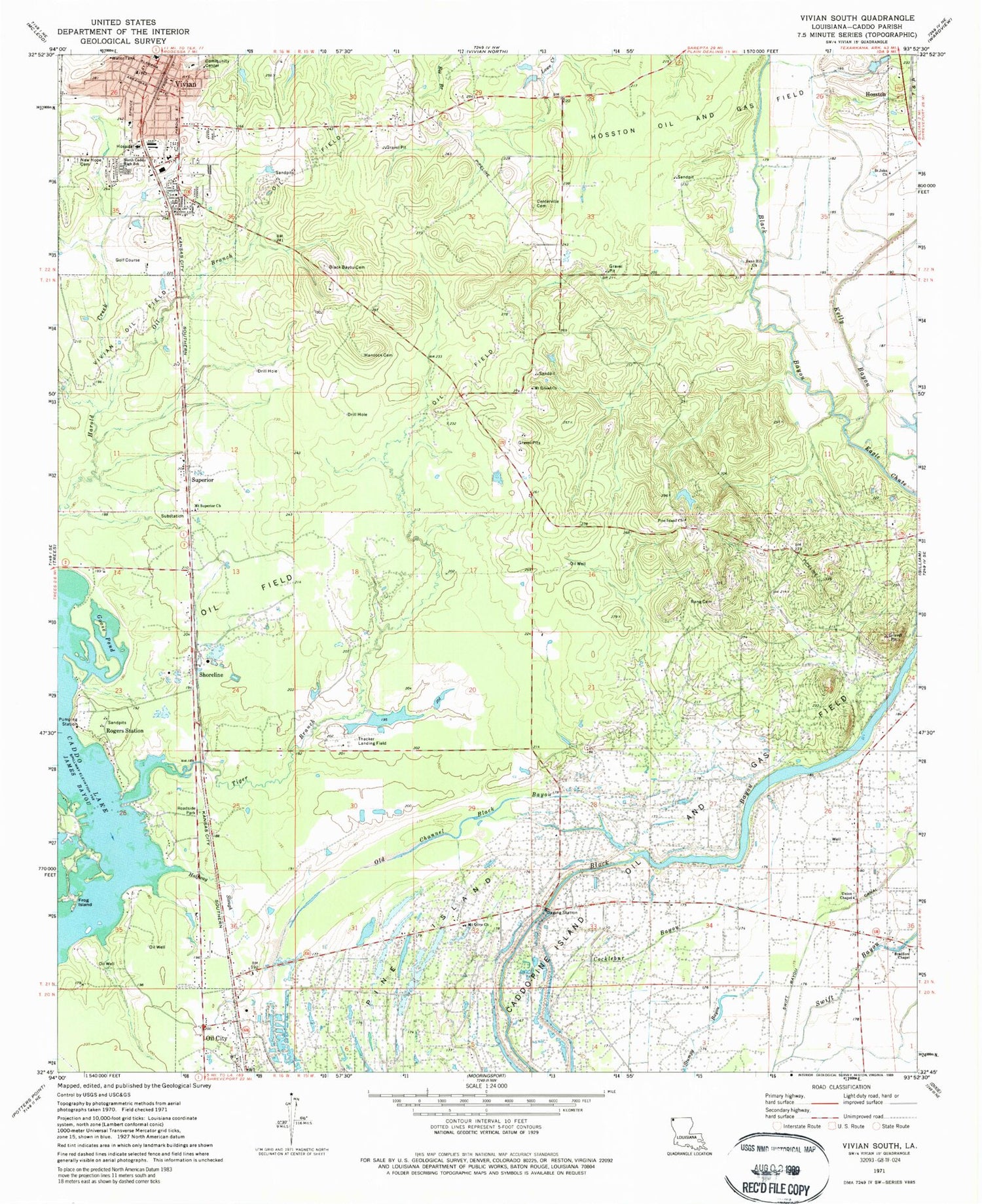 Classic USGS Vivian South Louisiana 7.5'x7.5' Topo Map Image