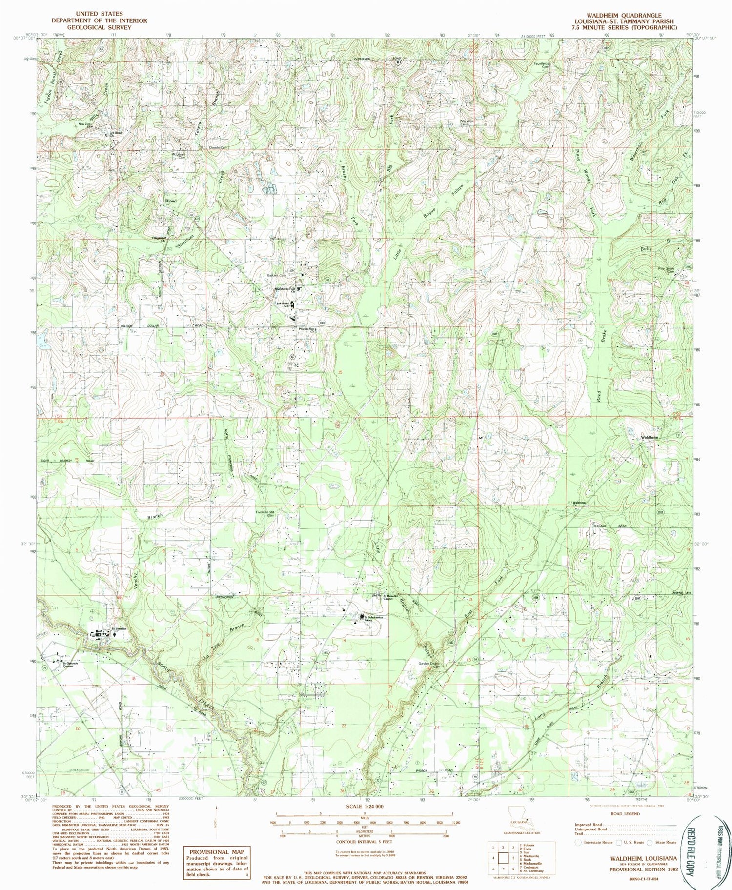 Classic USGS Waldheim Louisiana 7.5'x7.5' Topo Map Image
