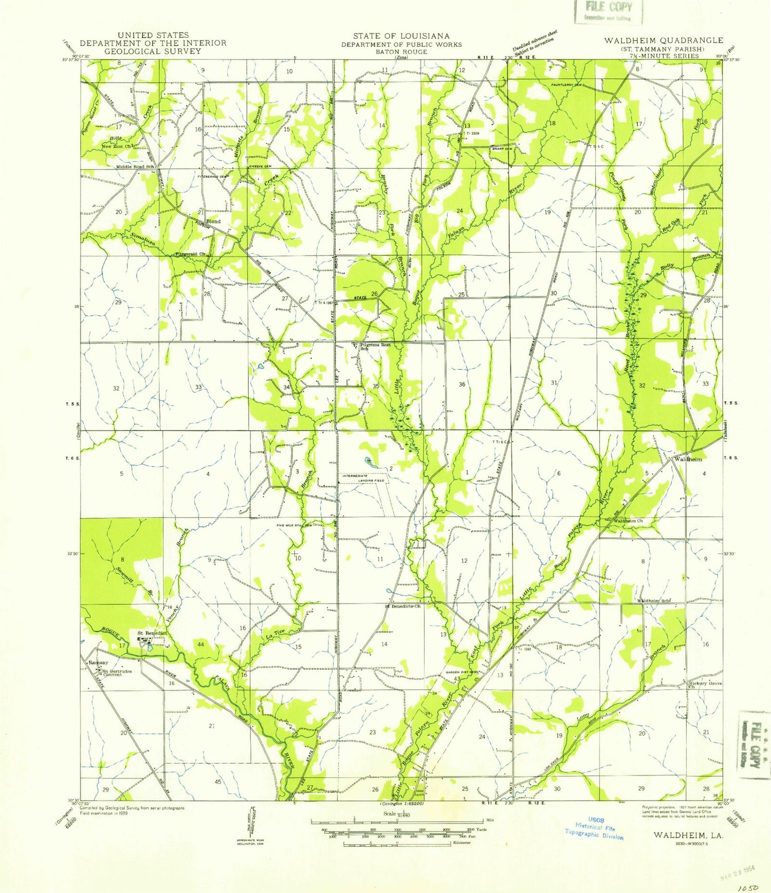 Classic USGS Waldheim Louisiana 7.5'x7.5' Topo Map Image