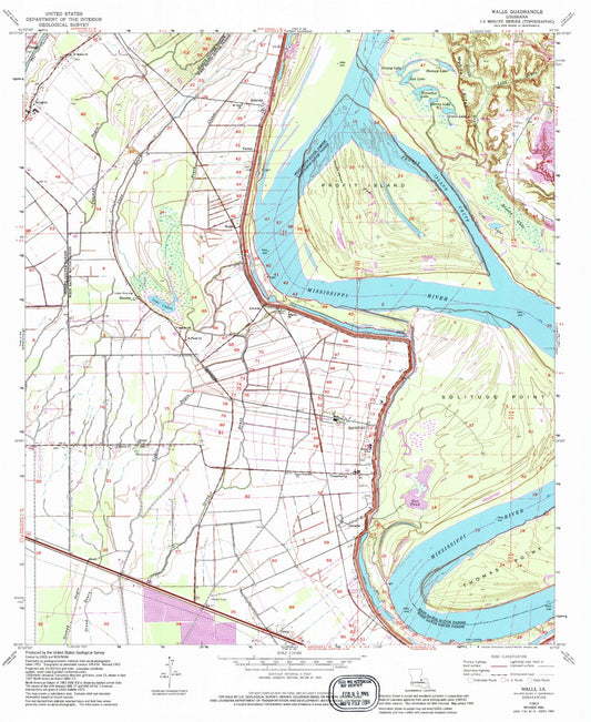 Classic USGS Walls Louisiana 7.5'x7.5' Topo Map Image