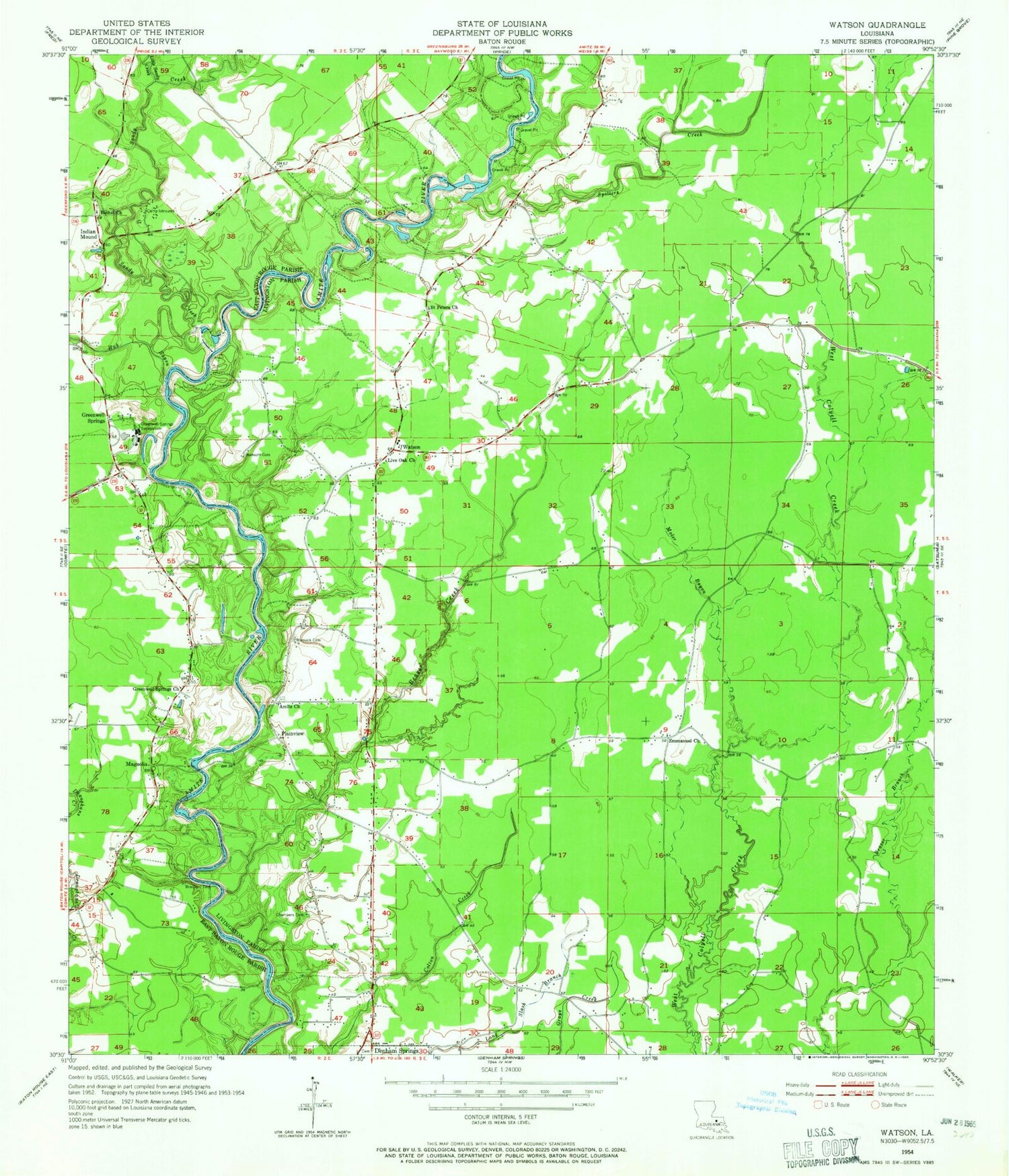 Classic USGS Watson Louisiana 7.5'x7.5' Topo Map Image