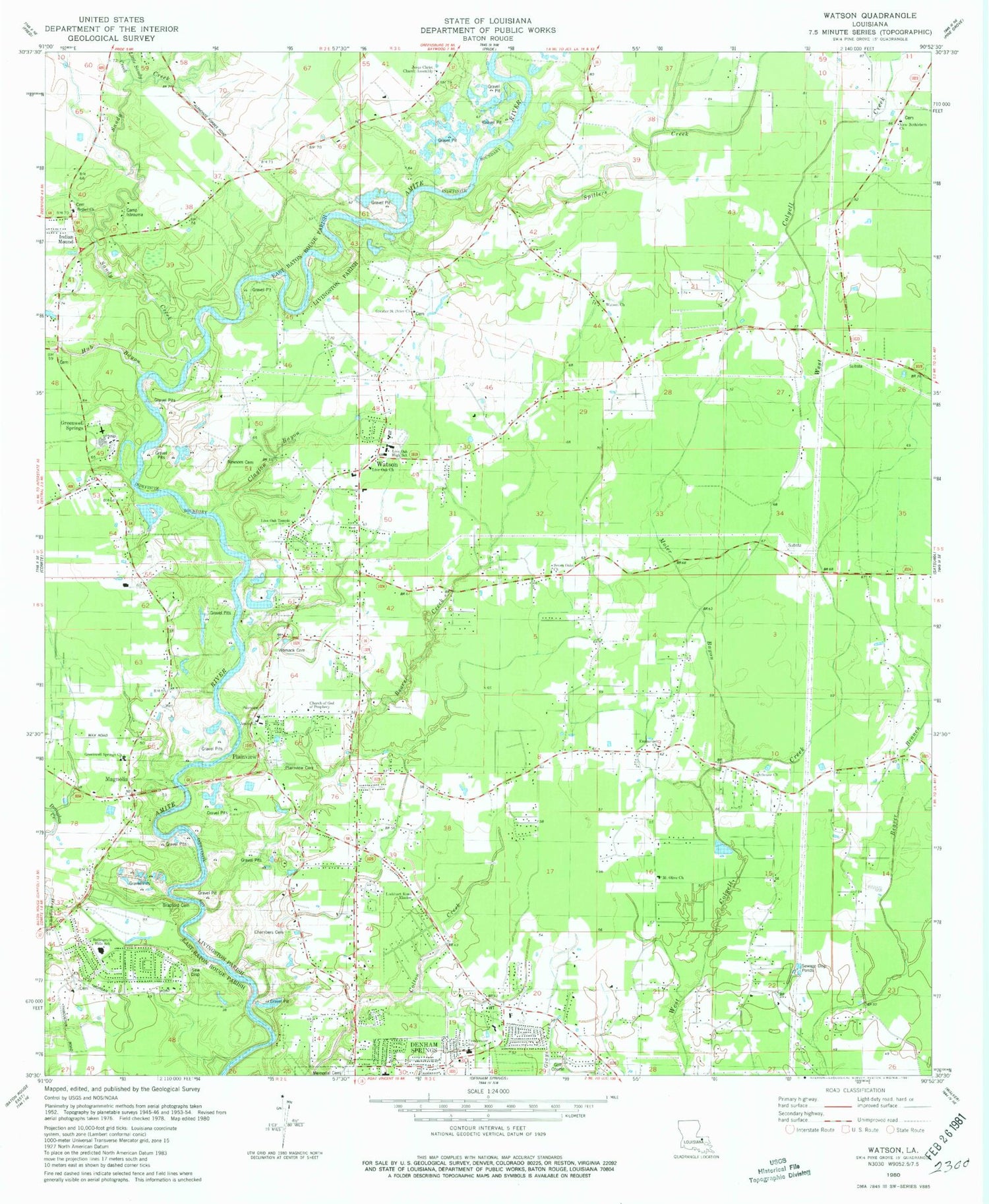 Classic USGS Watson Louisiana 7.5'x7.5' Topo Map Image