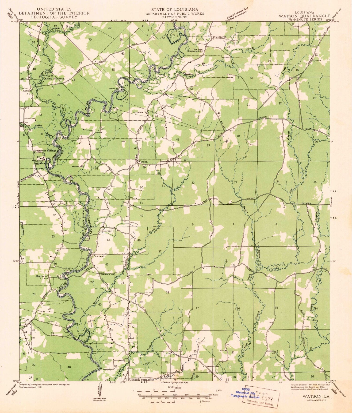 Classic USGS Watson Louisiana 7.5'x7.5' Topo Map Image
