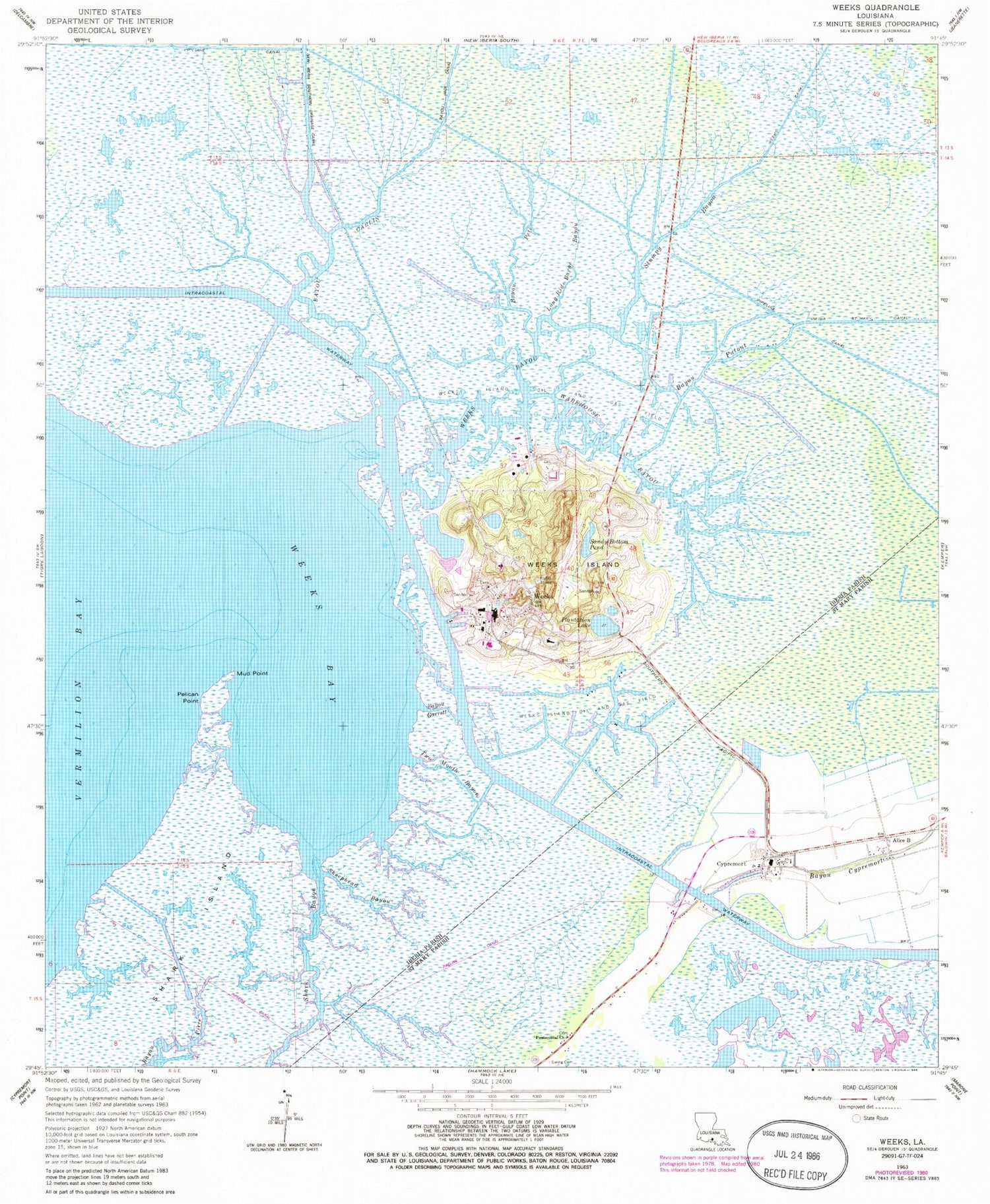 Classic USGS Weeks Louisiana 7.5'x7.5' Topo Map Image