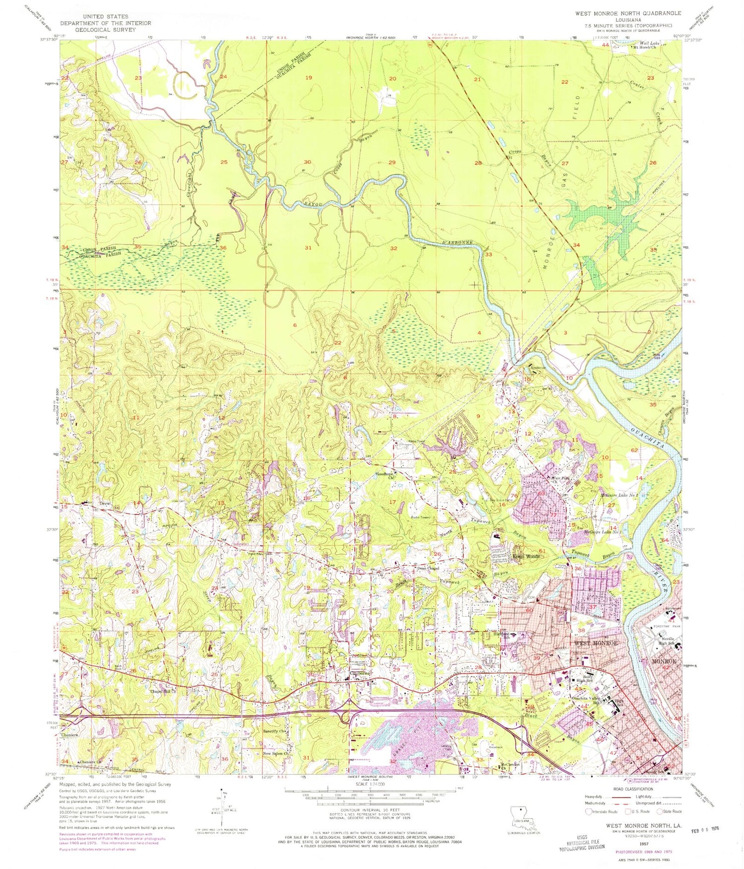 Classic USGS West Monroe North Louisiana 7.5'x7.5' Topo Map Image