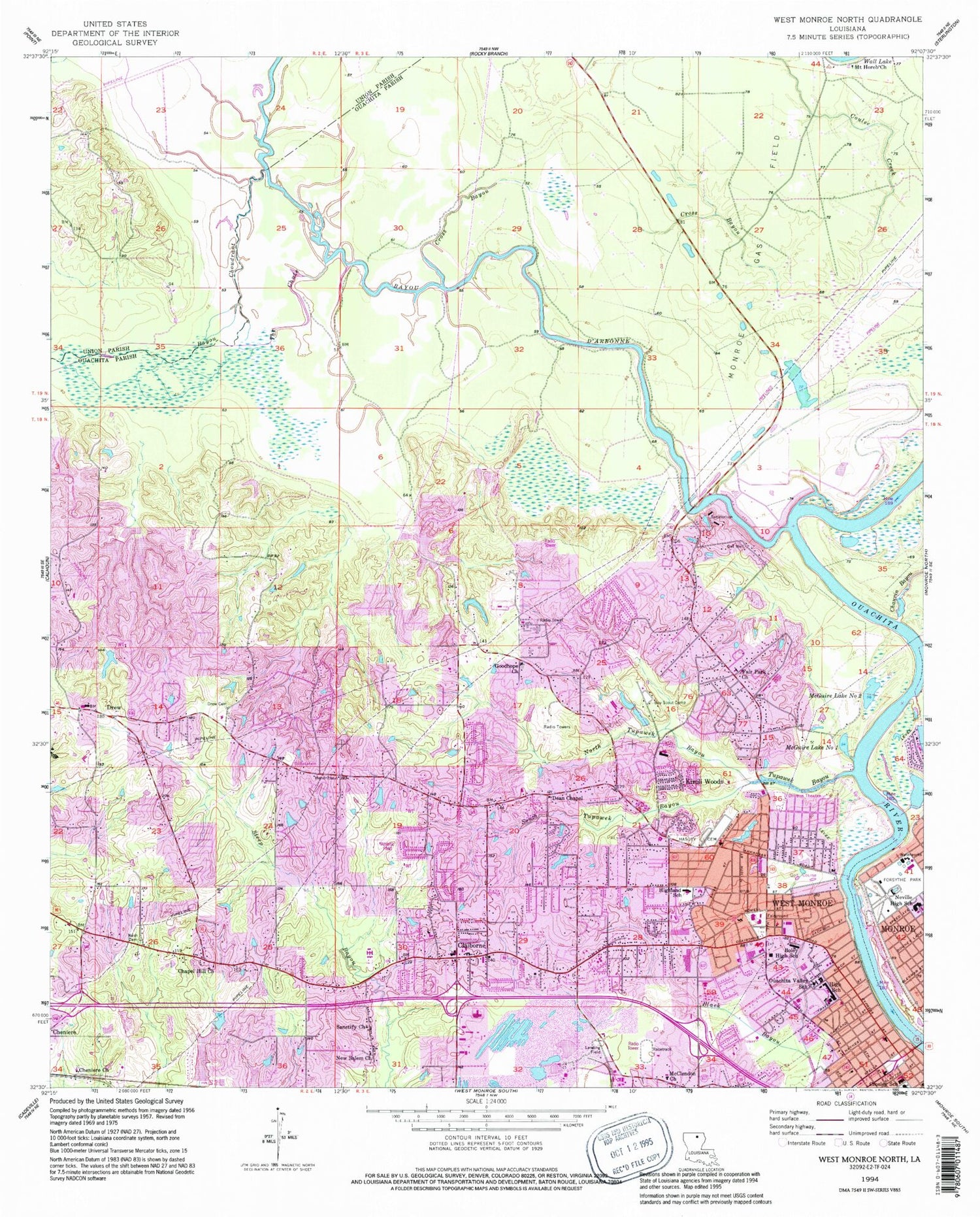 Classic USGS West Monroe North Louisiana 7.5'x7.5' Topo Map Image