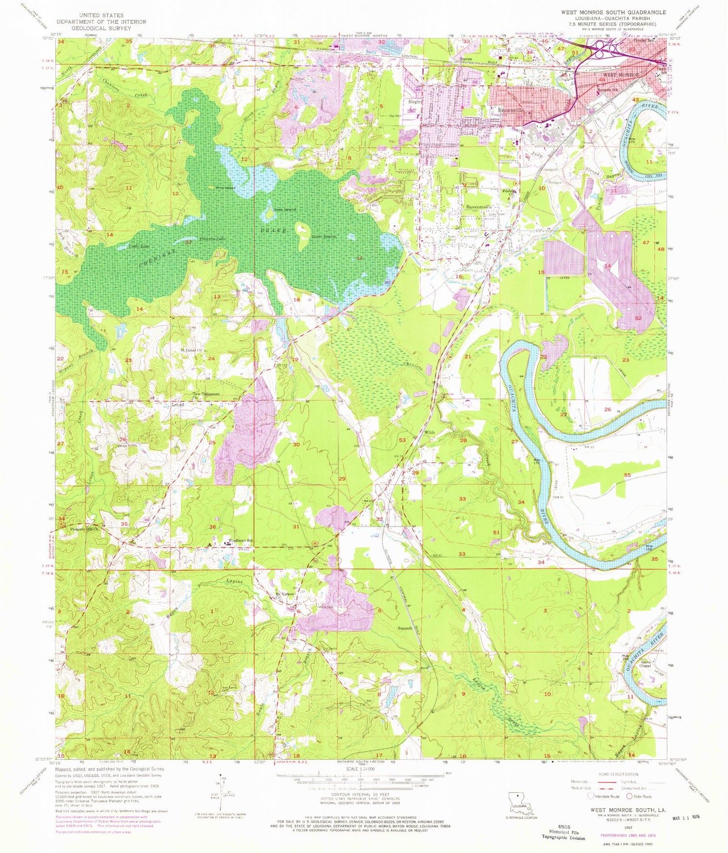 Classic USGS West Monroe South Louisiana 7.5'x7.5' Topo Map Image