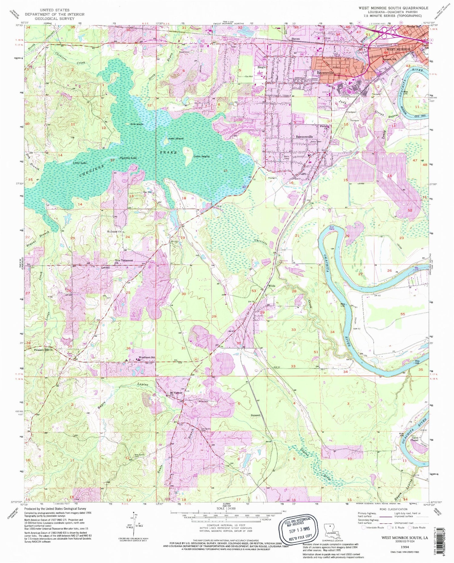 Classic USGS West Monroe South Louisiana 7.5'x7.5' Topo Map Image
