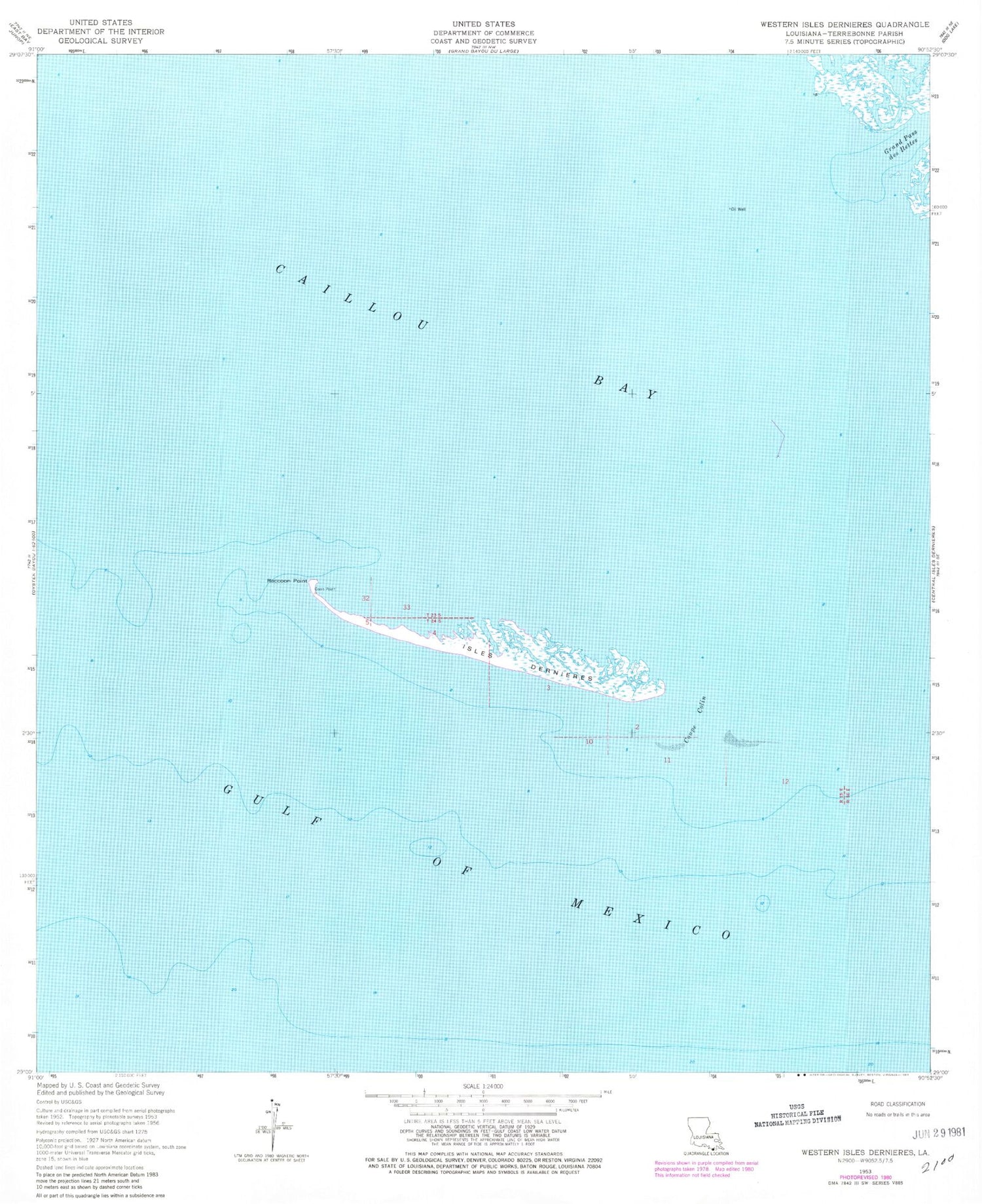 Classic USGS Western Isles Dernieres Louisiana 7.5'x7.5' Topo Map Image