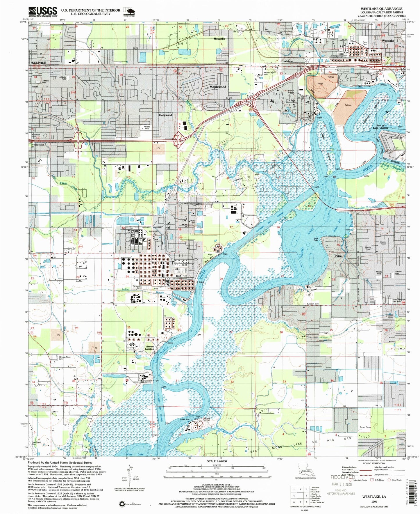 Classic USGS Westlake Louisiana 7.5'x7.5' Topo Map Image