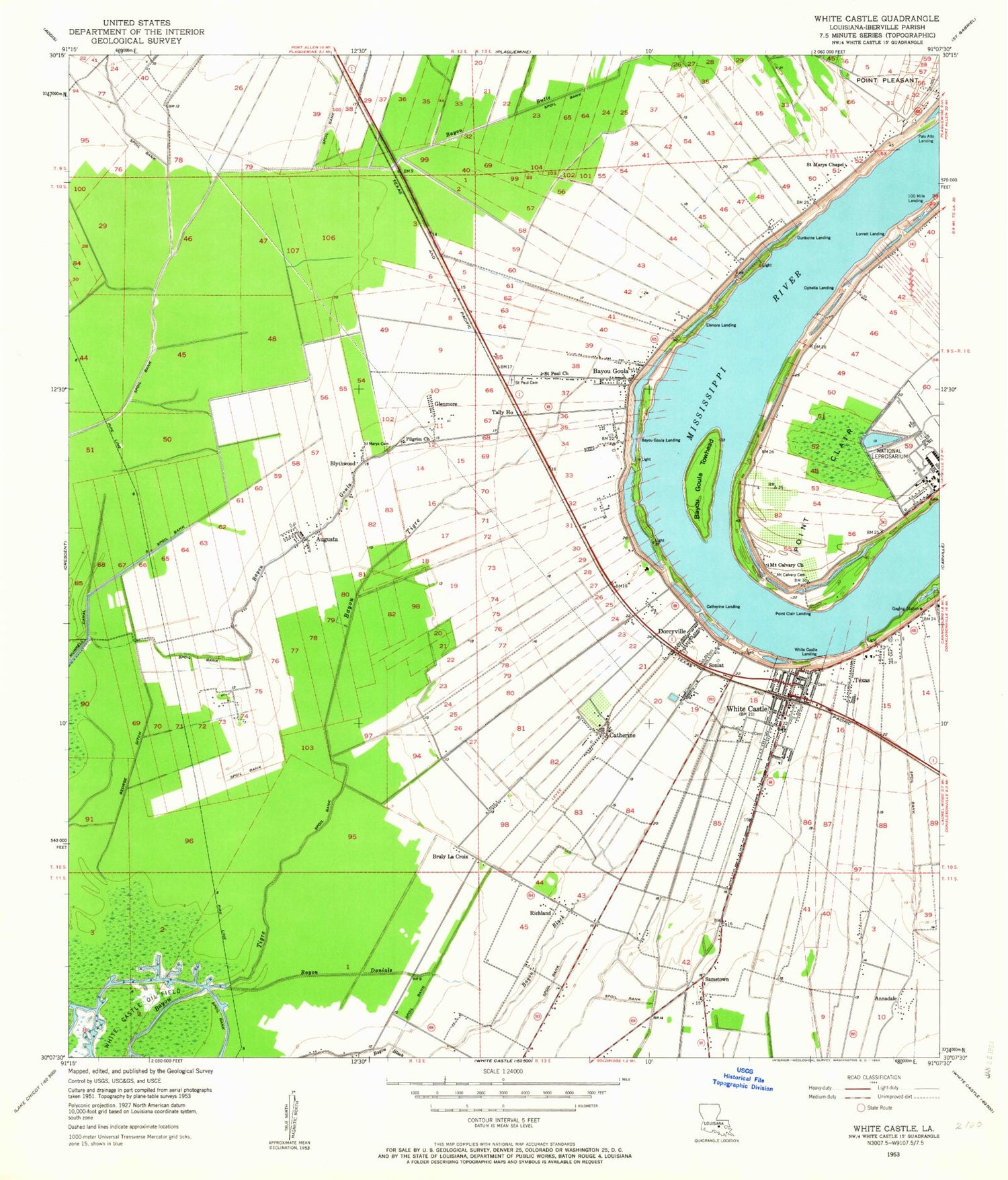 Classic USGS White Castle Louisiana 7.5'x7.5' Topo Map Image