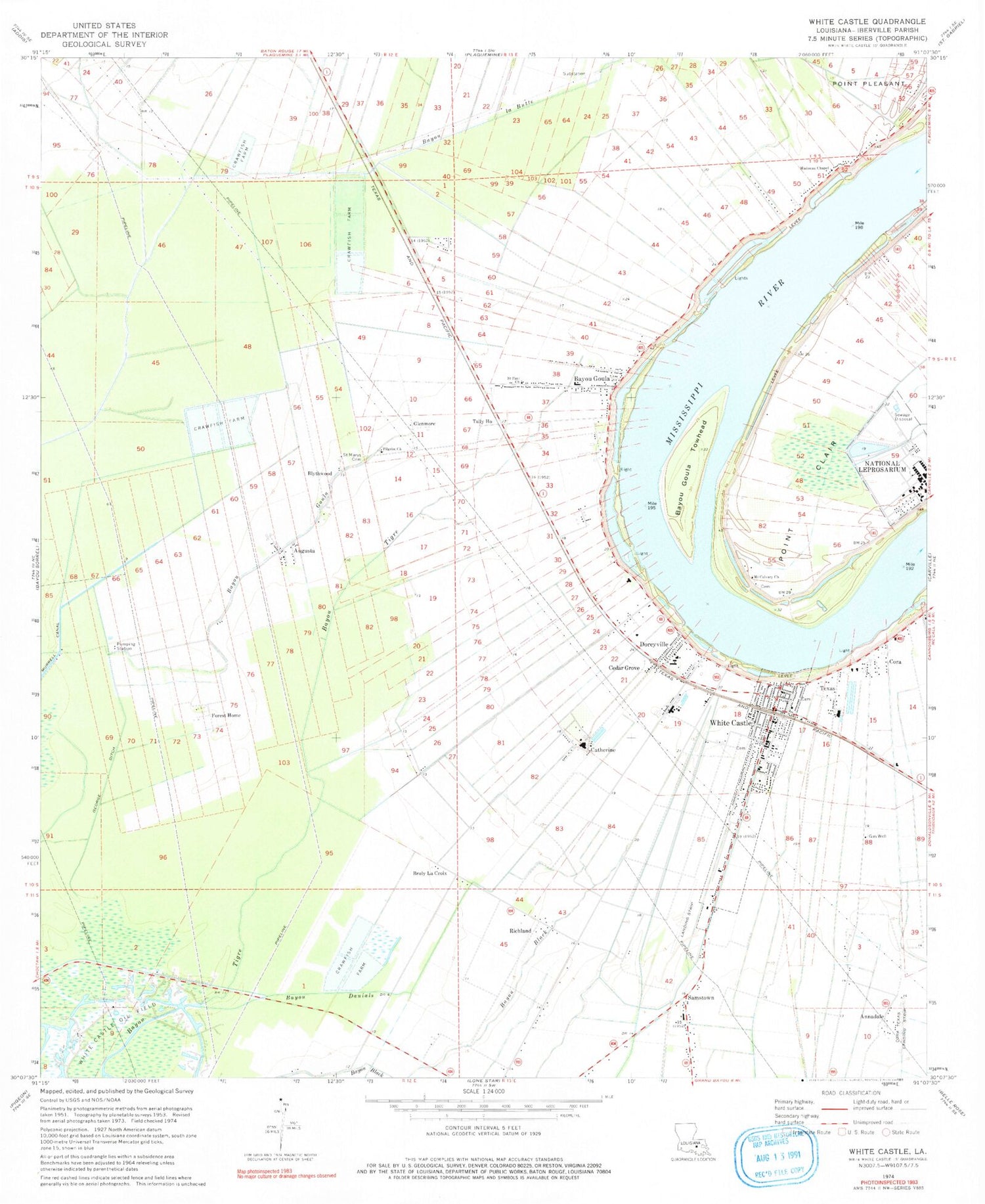 Classic USGS White Castle Louisiana 7.5'x7.5' Topo Map Image