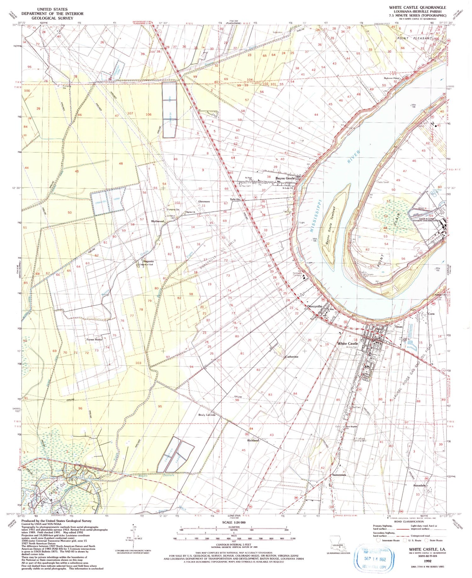 Classic USGS White Castle Louisiana 7.5'x7.5' Topo Map Image