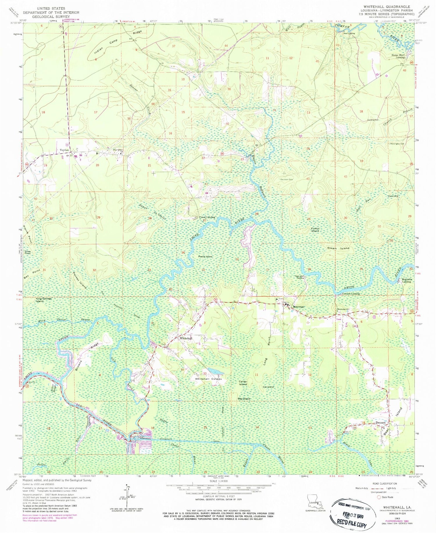 Classic USGS Whitehall Louisiana 7.5'x7.5' Topo Map Image
