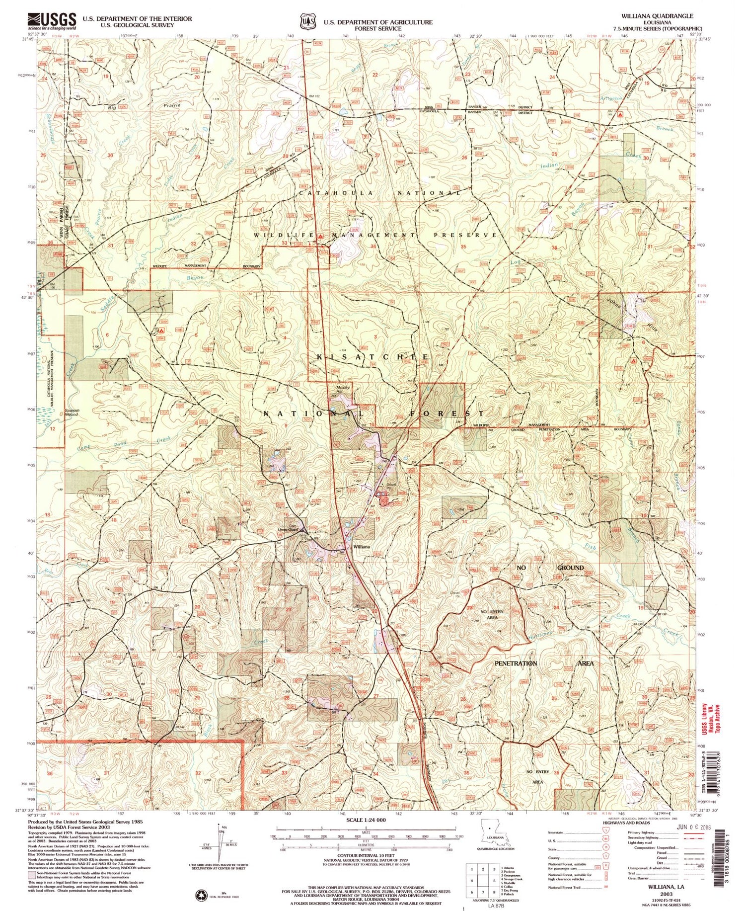 Classic USGS Williana Louisiana 7.5'x7.5' Topo Map Image