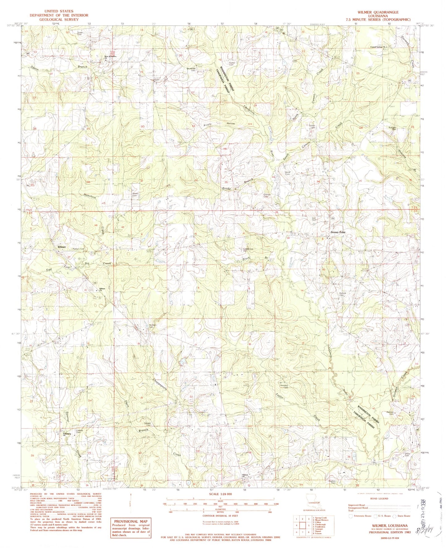 Classic USGS Wilmer Louisiana 7.5'x7.5' Topo Map Image