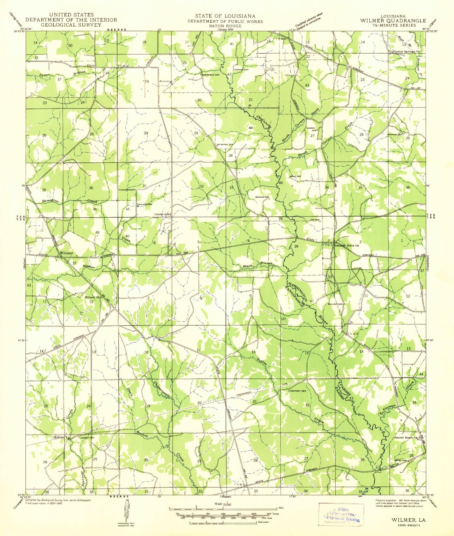 Classic USGS Wilmer Louisiana 7.5'x7.5' Topo Map Image