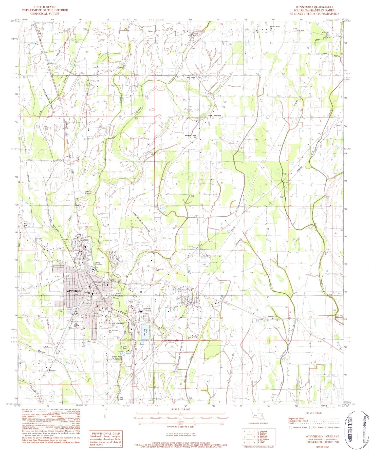 Classic USGS Winnsboro Louisiana 7.5'x7.5' Topo Map Image