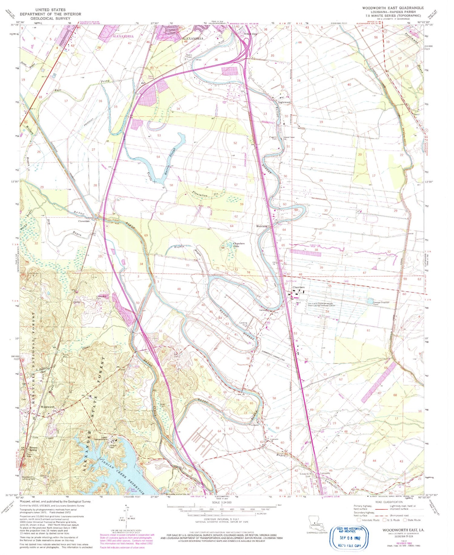Classic USGS Woodworth East Louisiana 7.5'x7.5' Topo Map Image