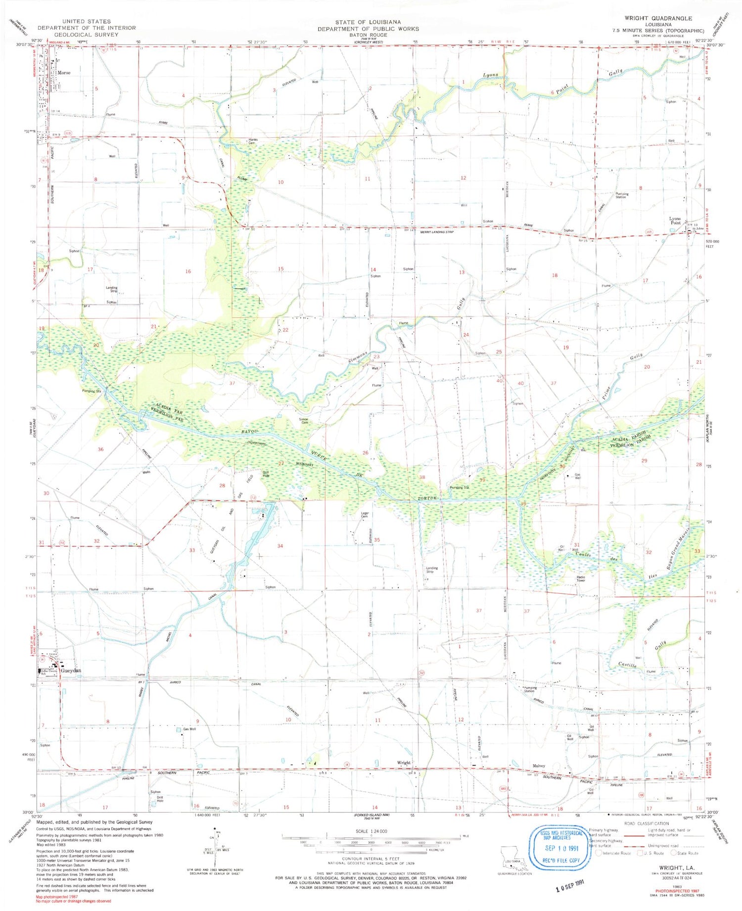 Classic USGS Wright Louisiana 7.5'x7.5' Topo Map Image