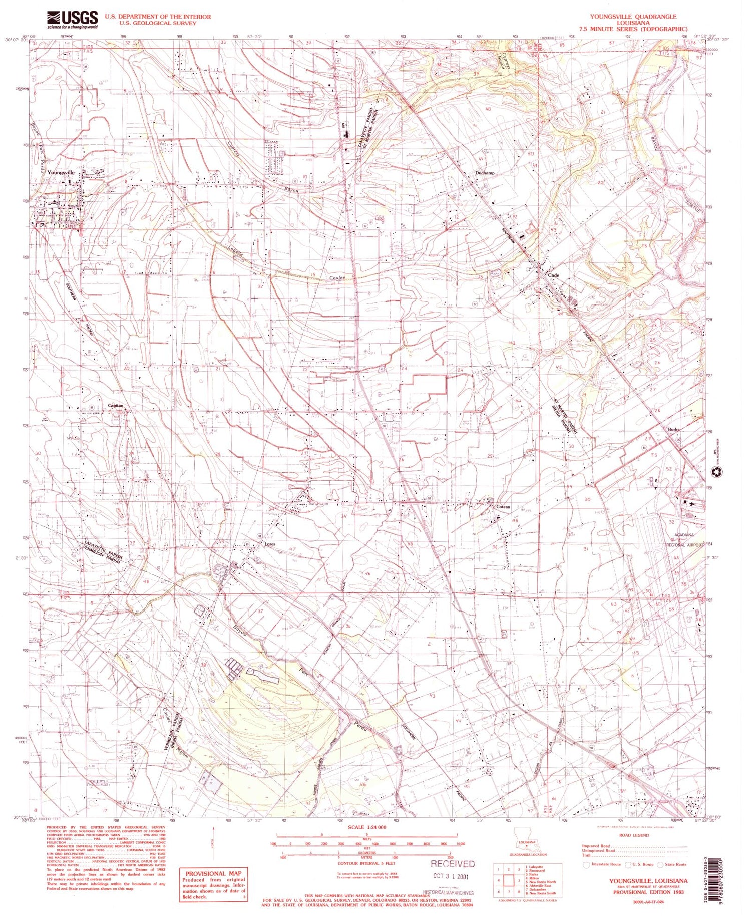 Classic USGS Youngsville Louisiana 7.5'x7.5' Topo Map Image