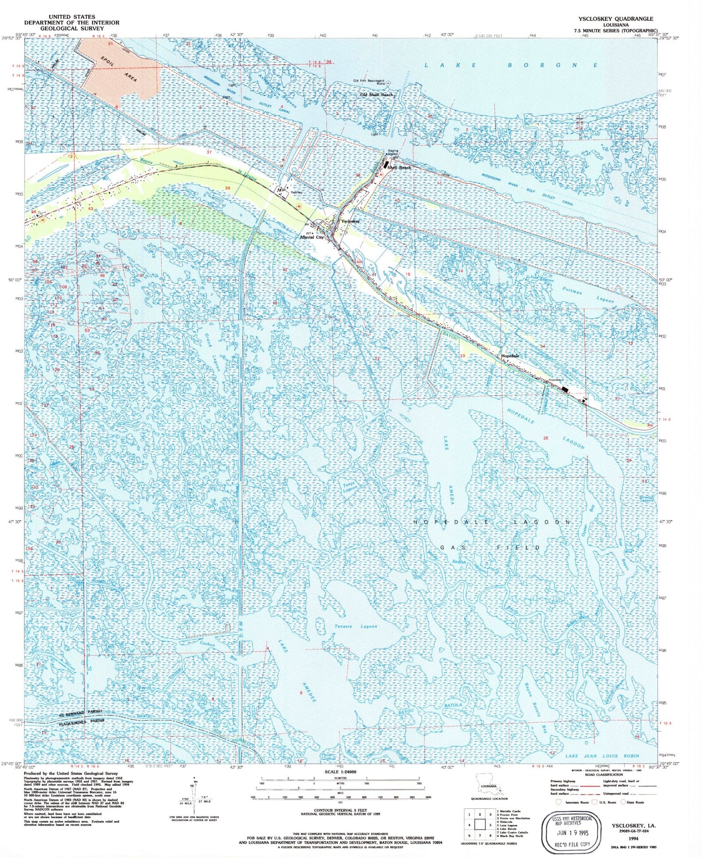 Classic USGS Yscloskey Louisiana 7.5'x7.5' Topo Map Image