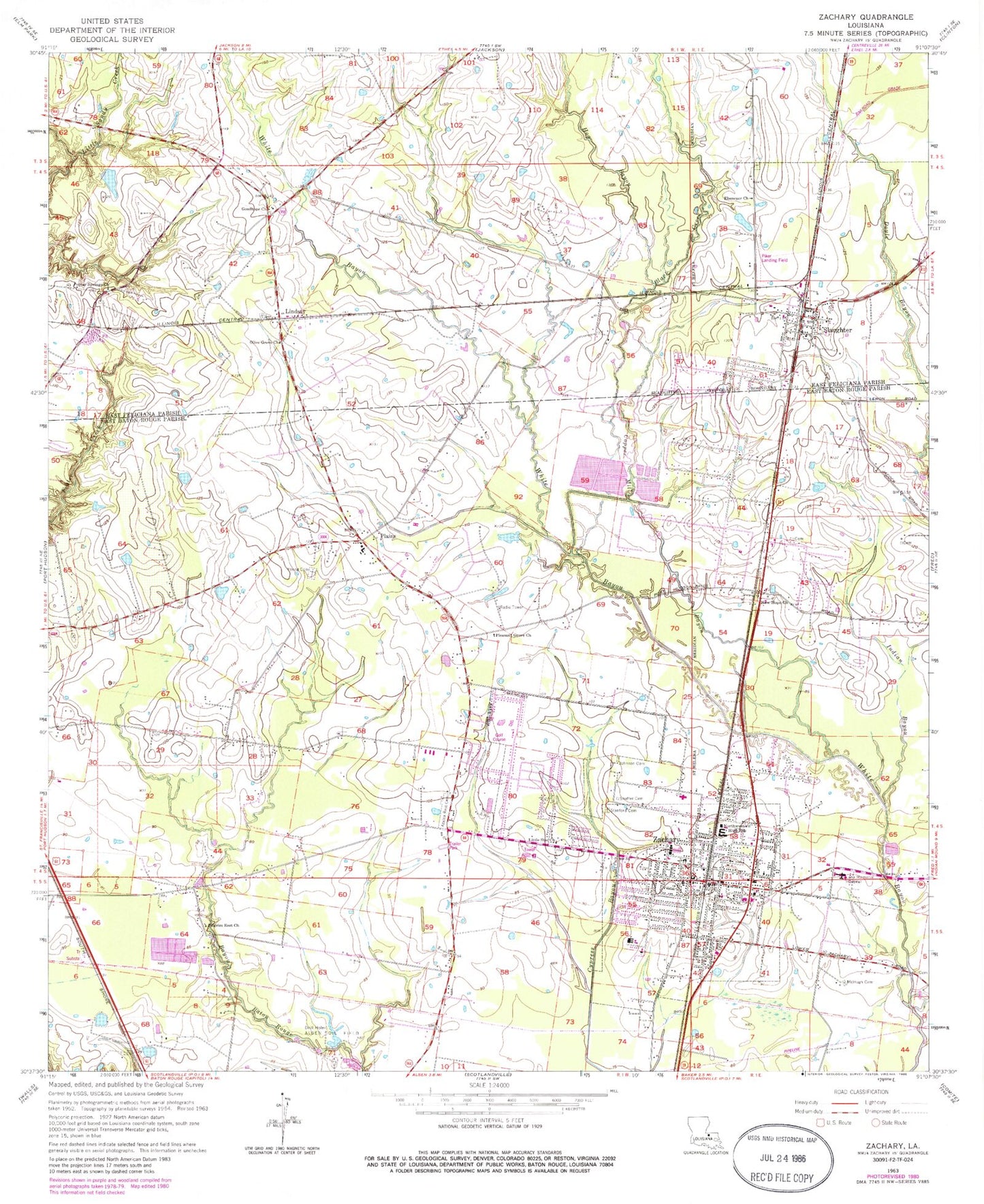 Classic USGS Zachary Louisiana 7.5'x7.5' Topo Map Image