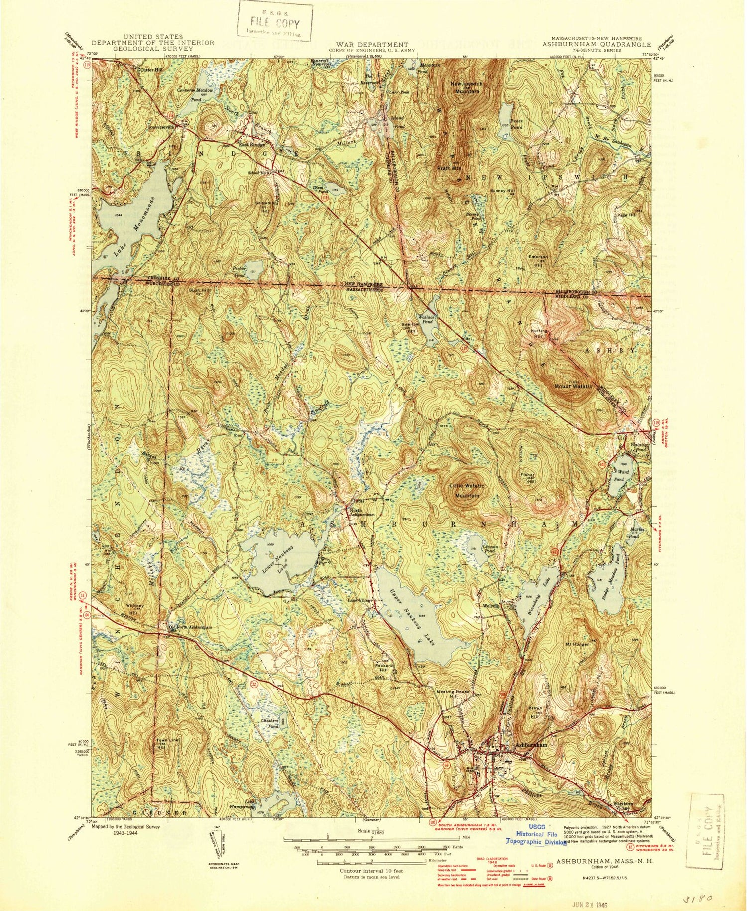 Classic USGS Ashburnham Massachusetts 7.5'x7.5' Topo Map Image