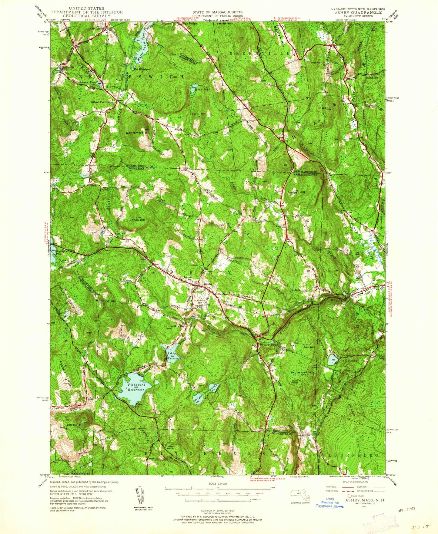 Classic USGS Ashby Massachusetts 7.5'x7.5' Topo Map Image