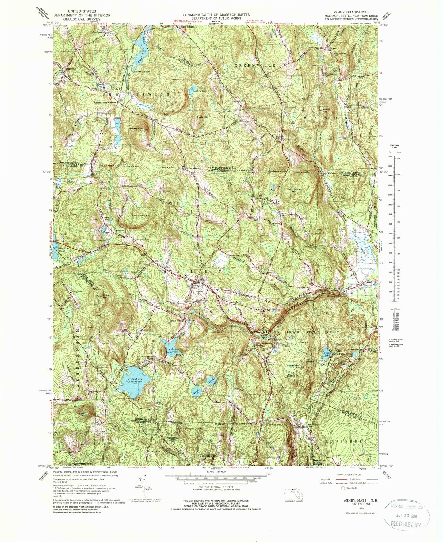 Classic USGS Ashby Massachusetts 7.5'x7.5' Topo Map Image